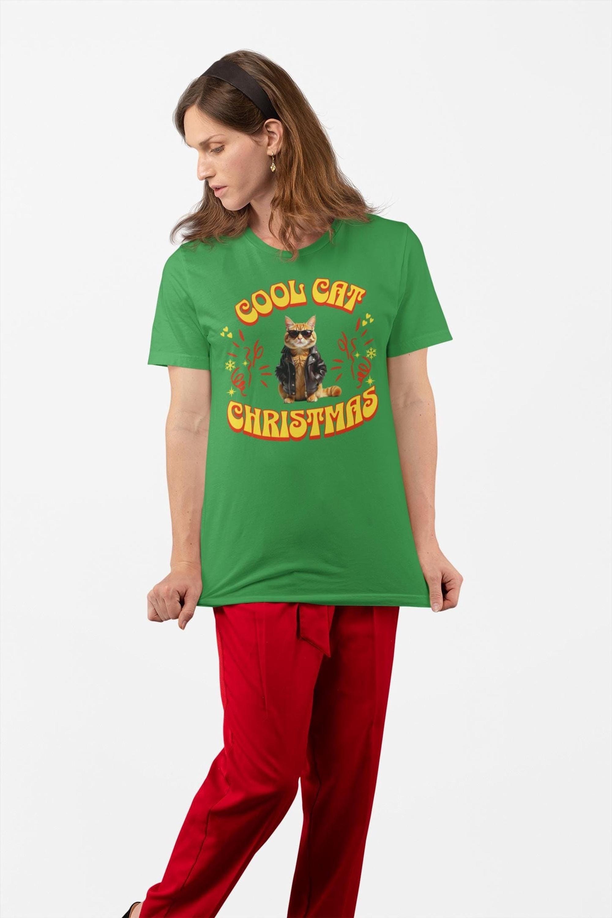 Cat Christmas Shirt, 100% Airlume Cotton Tee with Sunglasses Cat Design, image 3