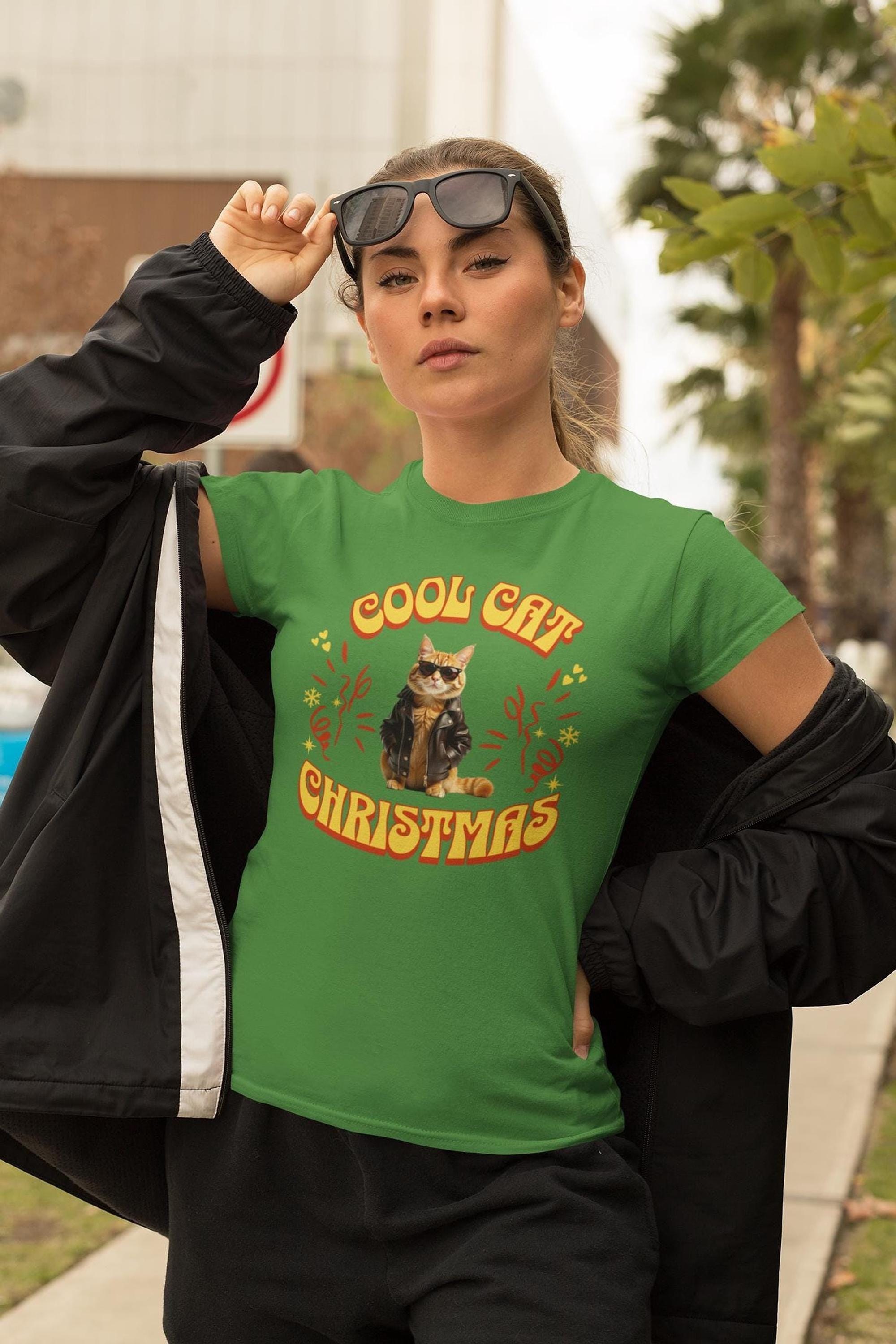 Cat Christmas Shirt, 100% Airlume Cotton Tee with Sunglasses Cat Design, image 4