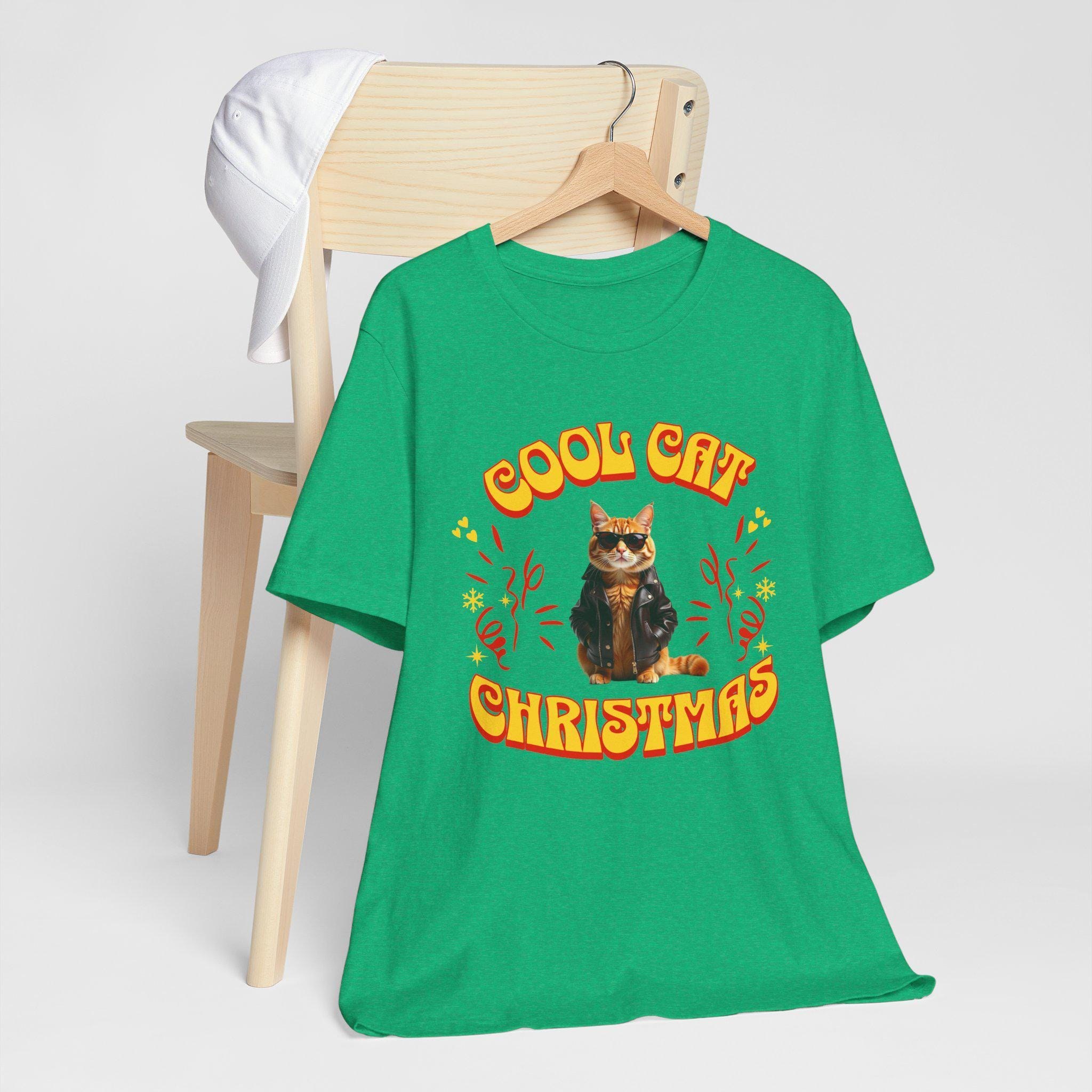Cat Christmas Shirt, 100% Airlume Cotton Tee with Sunglasses Cat Design, image 7