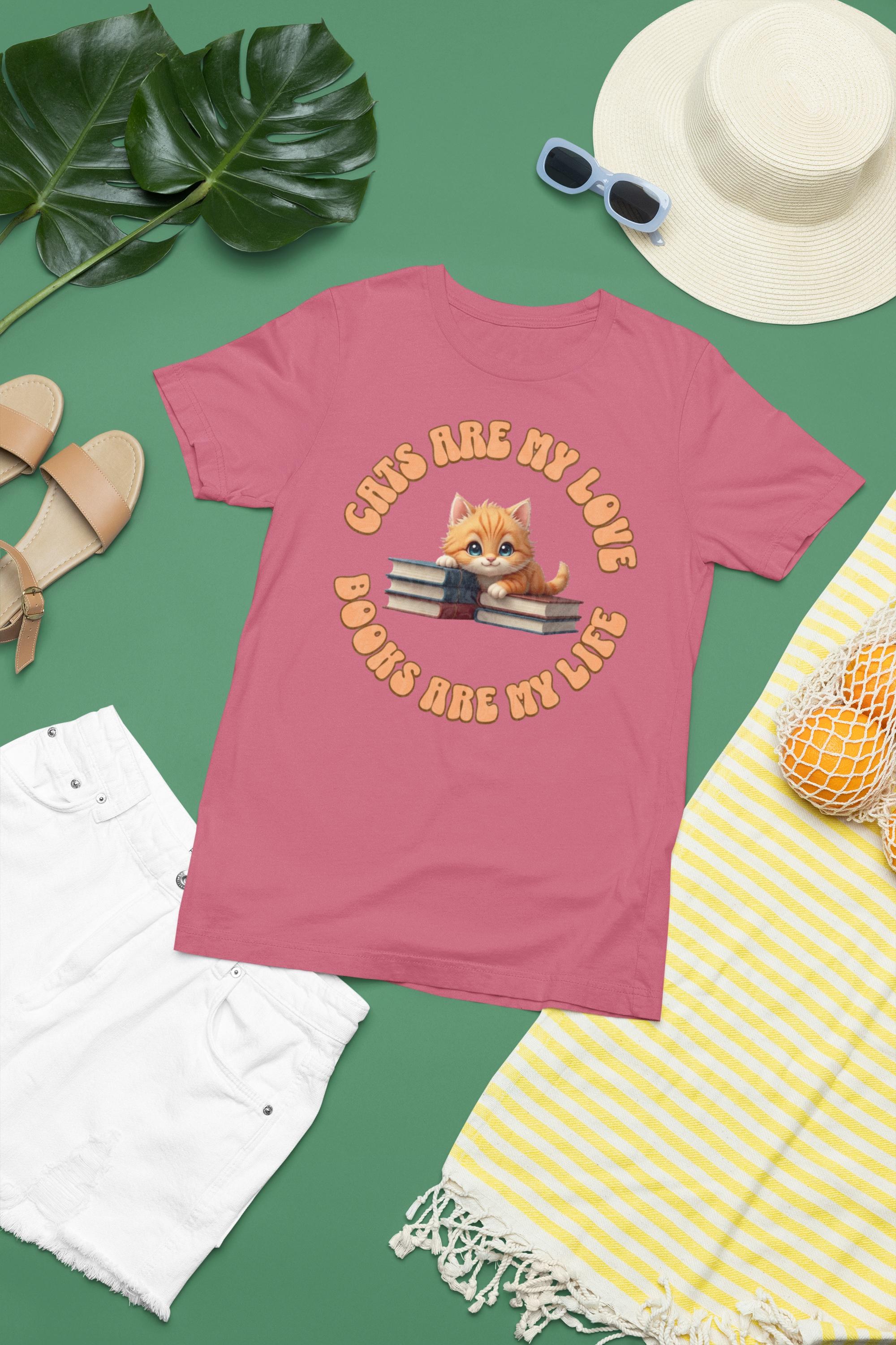 Cat & Books T-Shirt: Bookworm Reader Pet Cotton Tee