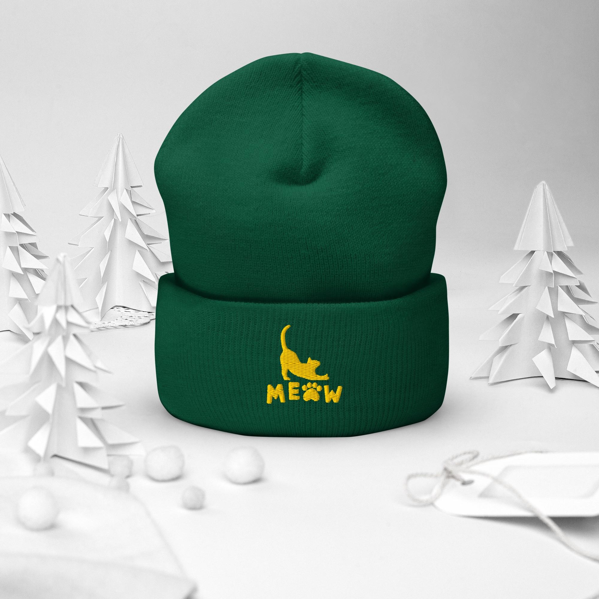 Green Headwear, Cat Beanie with Embroidered Gold Meow Design
