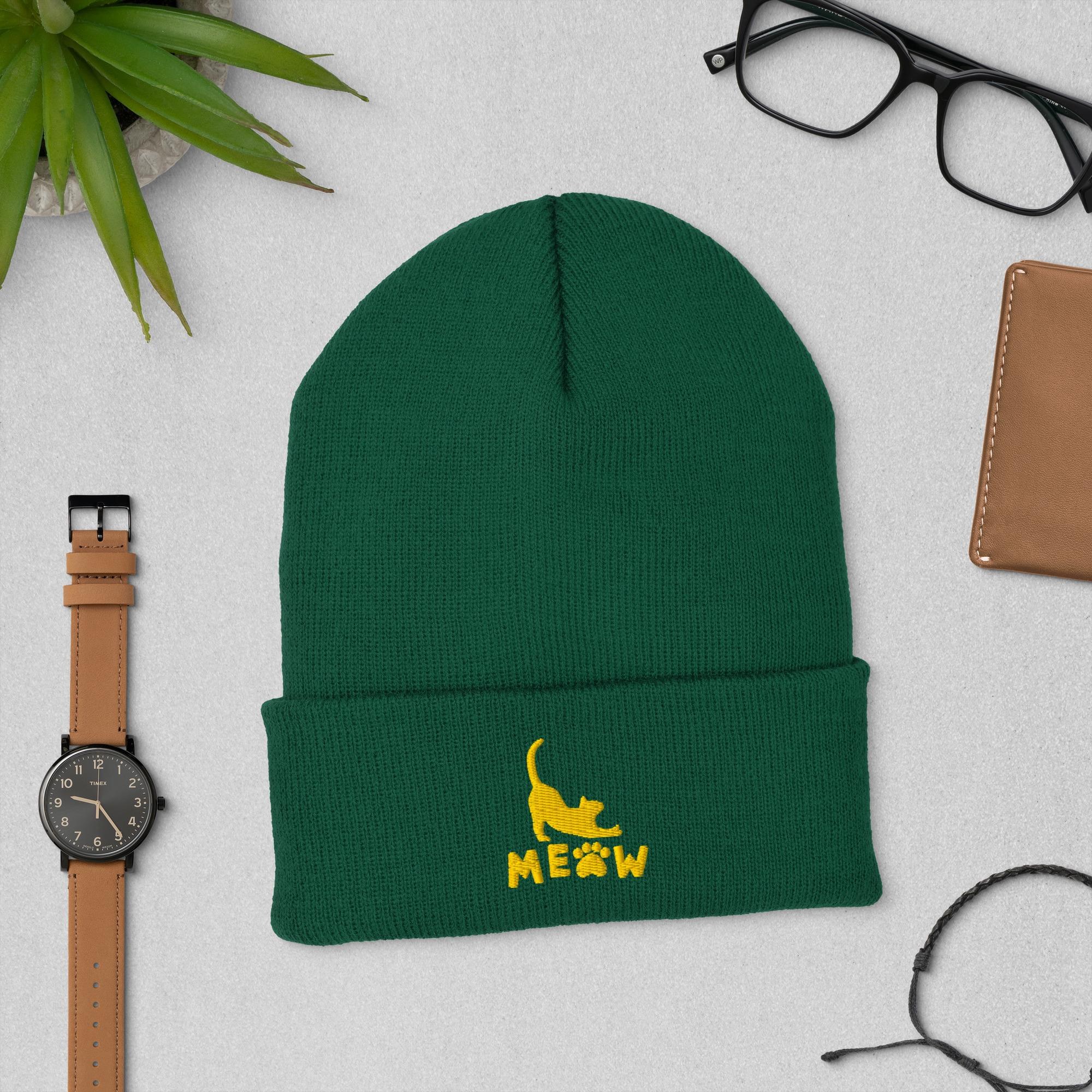 Green Headwear, Cat Beanie with Embroidered Gold Meow Design, image 2