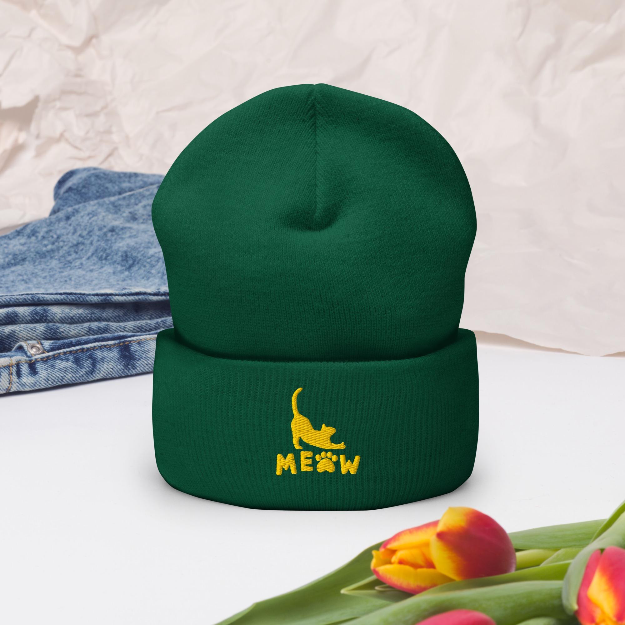 Green Headwear, Cat Beanie with Embroidered Gold Meow Design, image 3