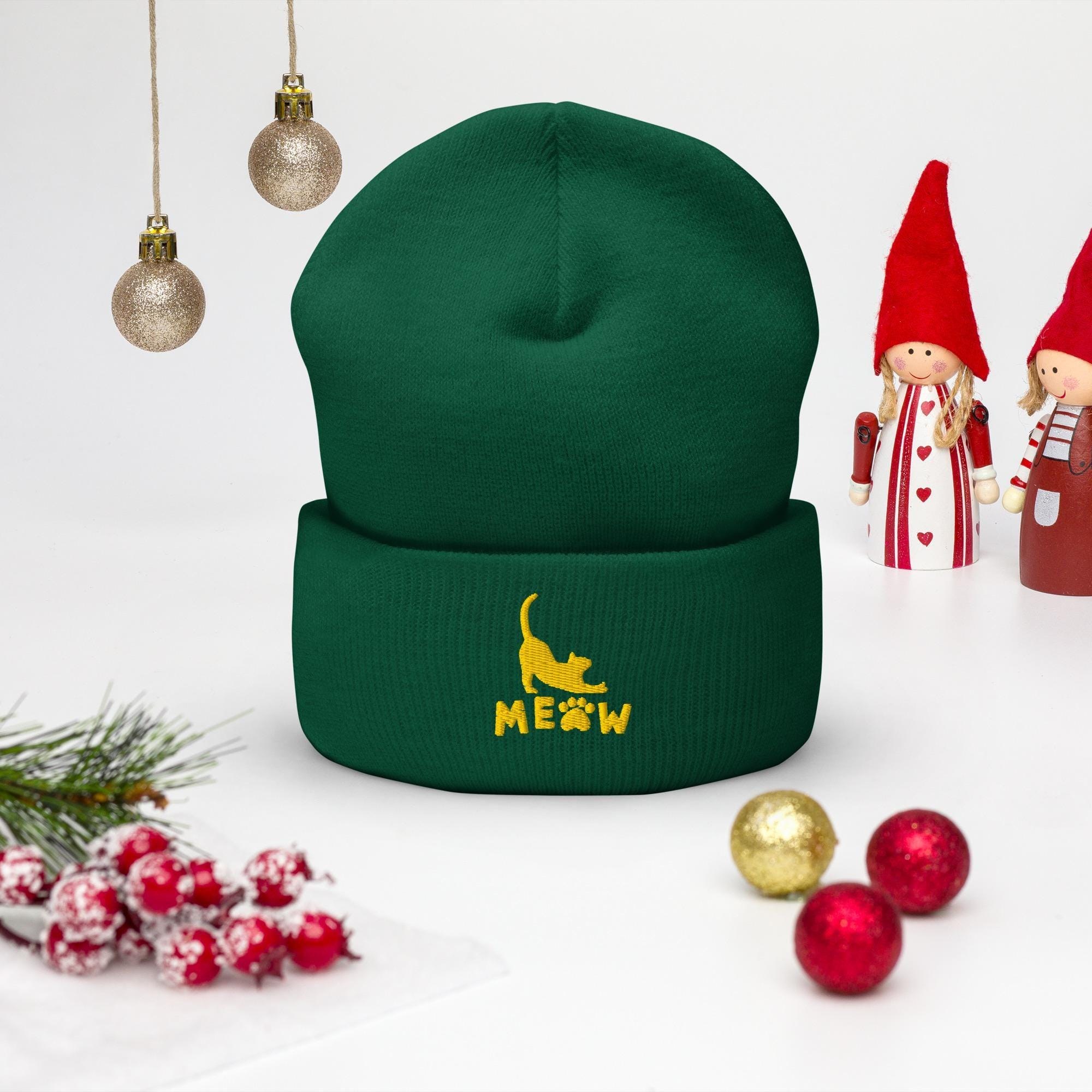 Green Headwear, Cat Beanie with Embroidered Gold Meow Design, image 4