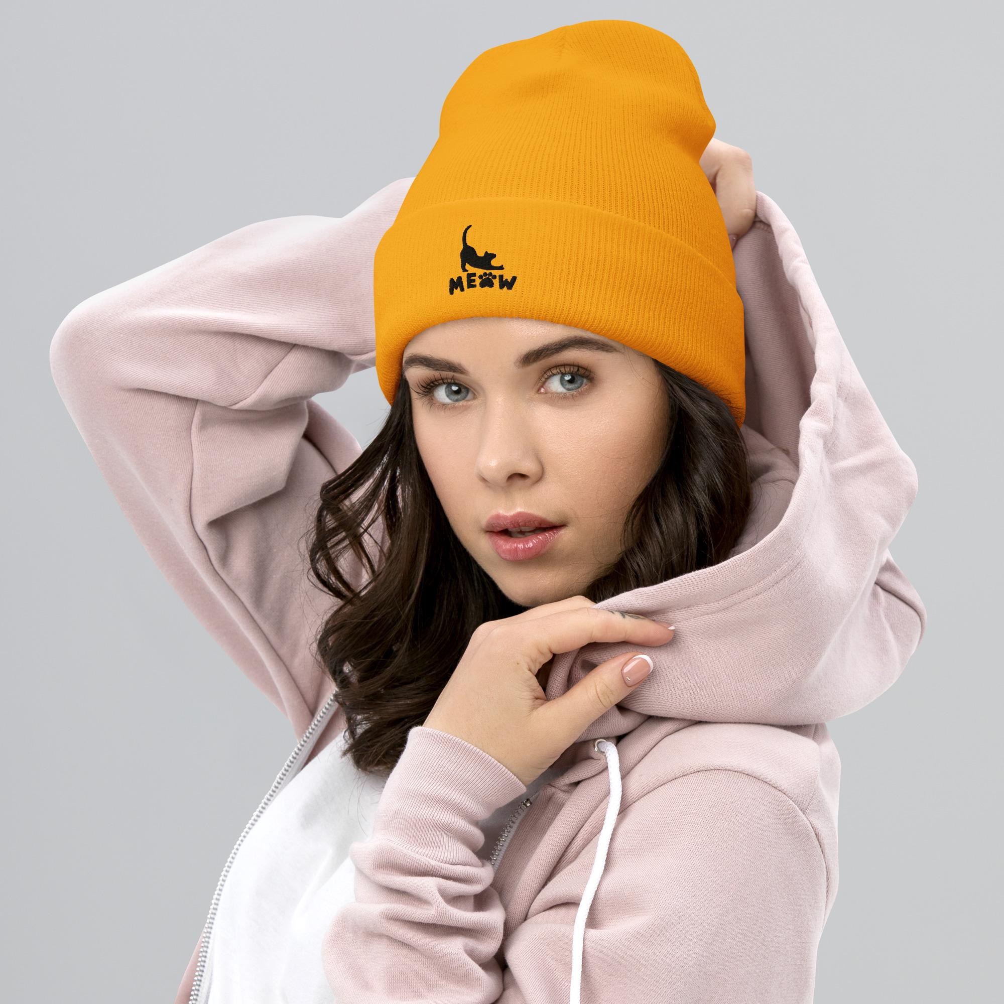Embroidered Cat Beanie: Turbo Acrylic Knit Hat, Pet Lover Gift, image 4