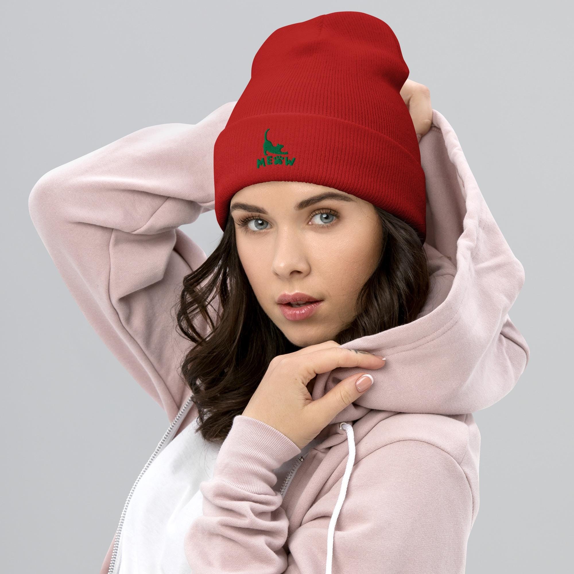Embroidered Cat Beanie: Knit Winter Hat, Pet Lover Gift, image 3