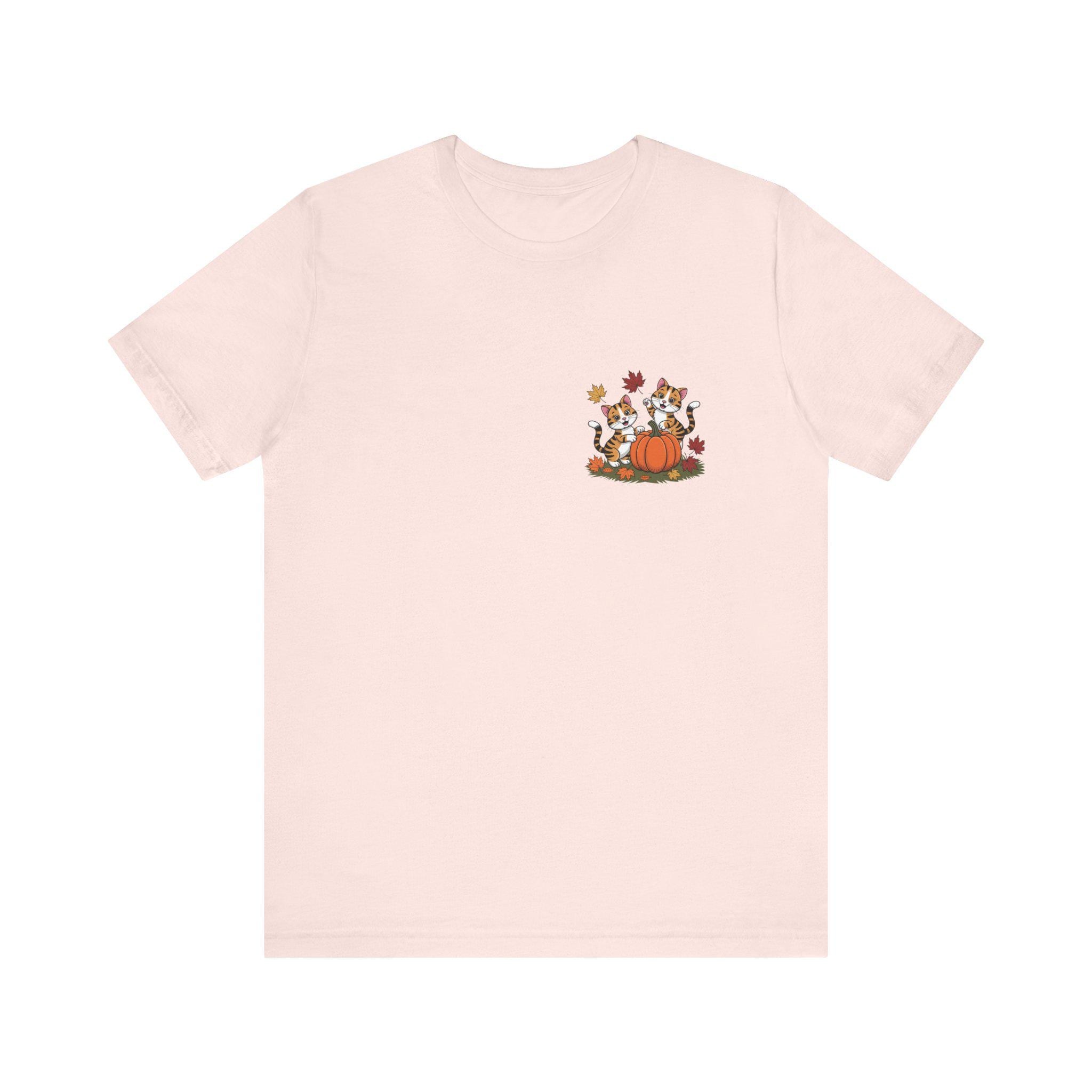 Fall Cat Tee: Cotton Autumn Cats Playing with Pumpkins, image 2