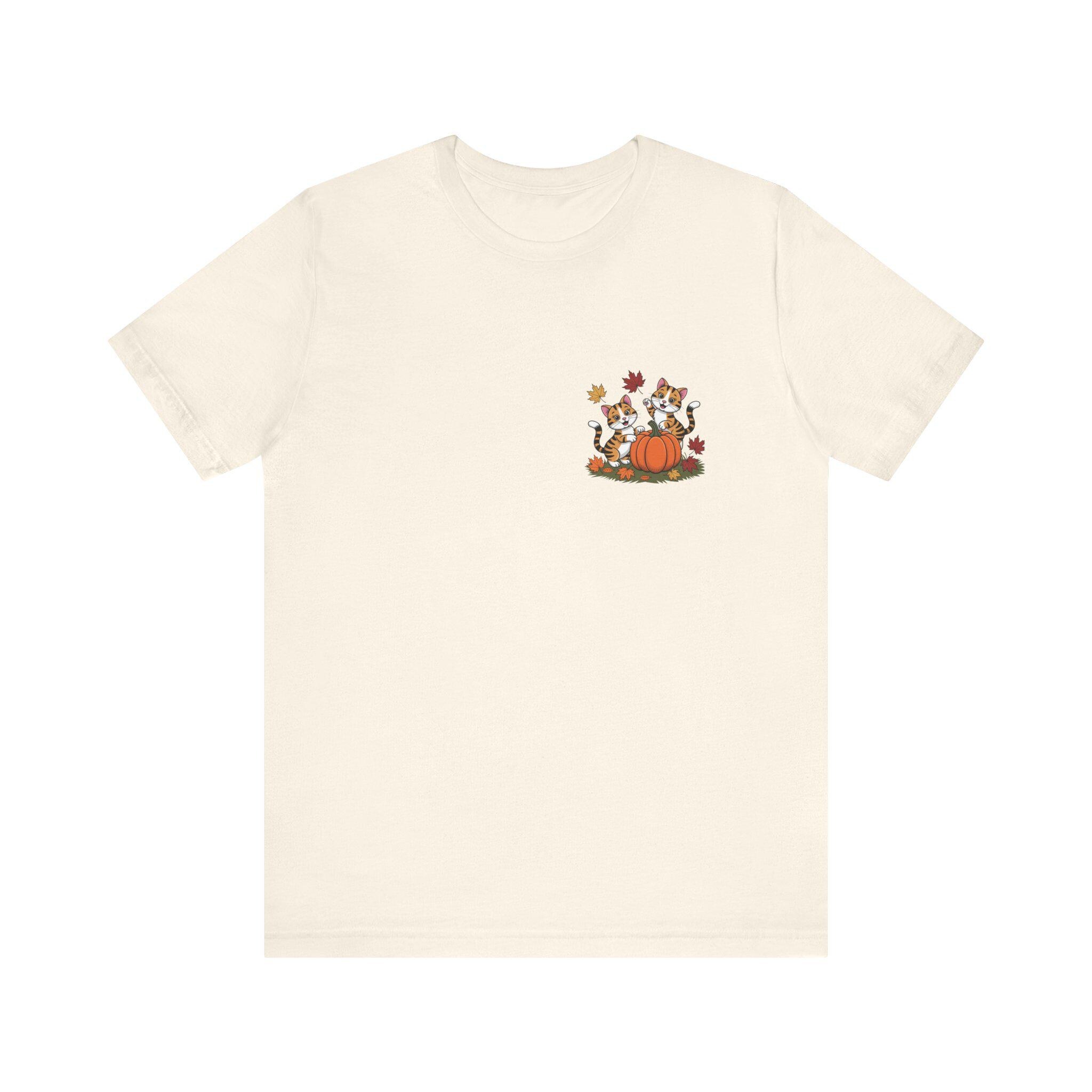 Fall Cat Tee: Cotton Autumn Cats Playing with Pumpkins, image 3
