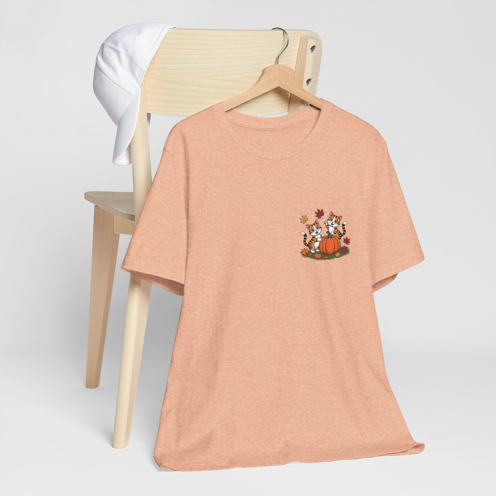 Fall Cat Tee: Cotton Autumn Cats Playing with Pumpkins, image 5