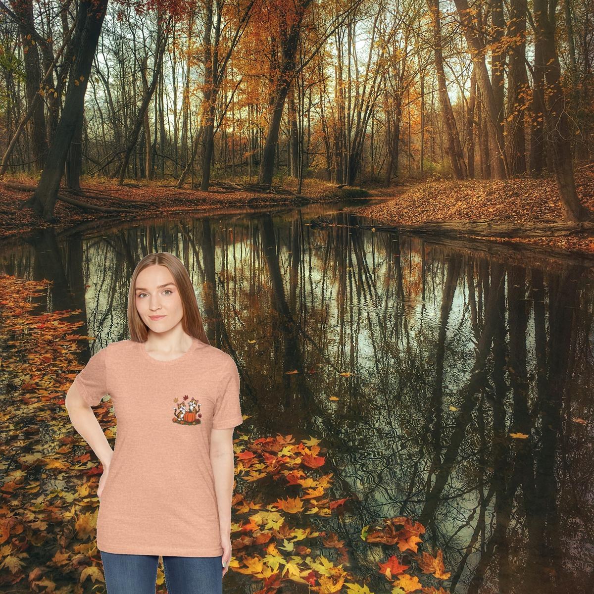 Fall Cat Tee: Cotton Autumn Cats Playing with Pumpkins, image 6