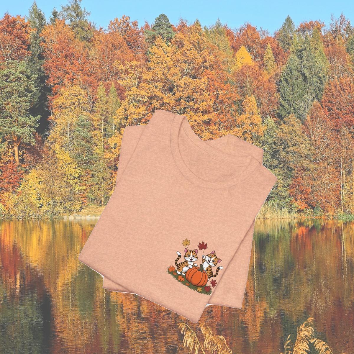 Fall Cat Tee: Cotton Autumn Cats Playing with Pumpkins, image 7