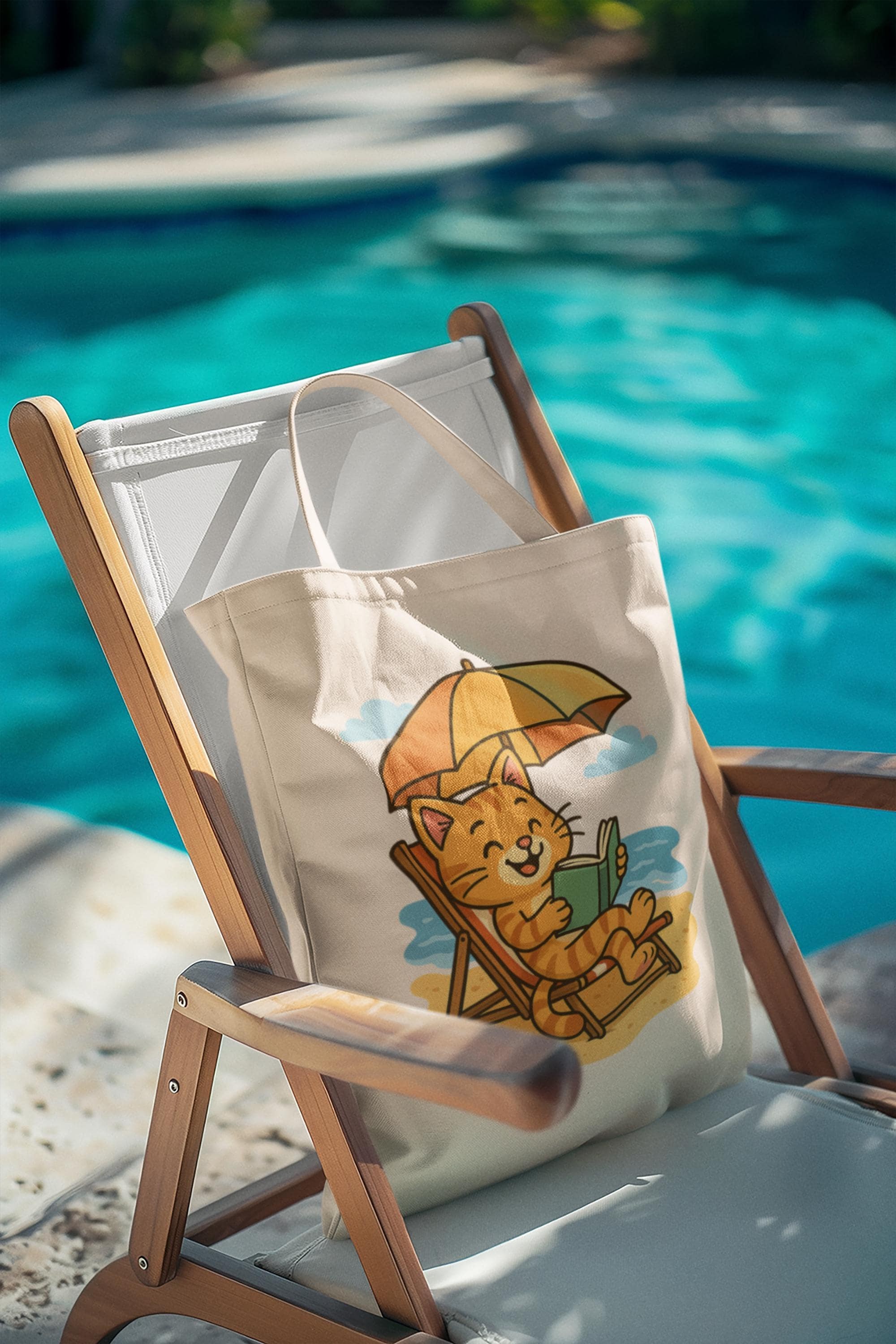 Pool Cat Tote Bag, 12 Oz Natural Cotton Canvas Cat Reading Design