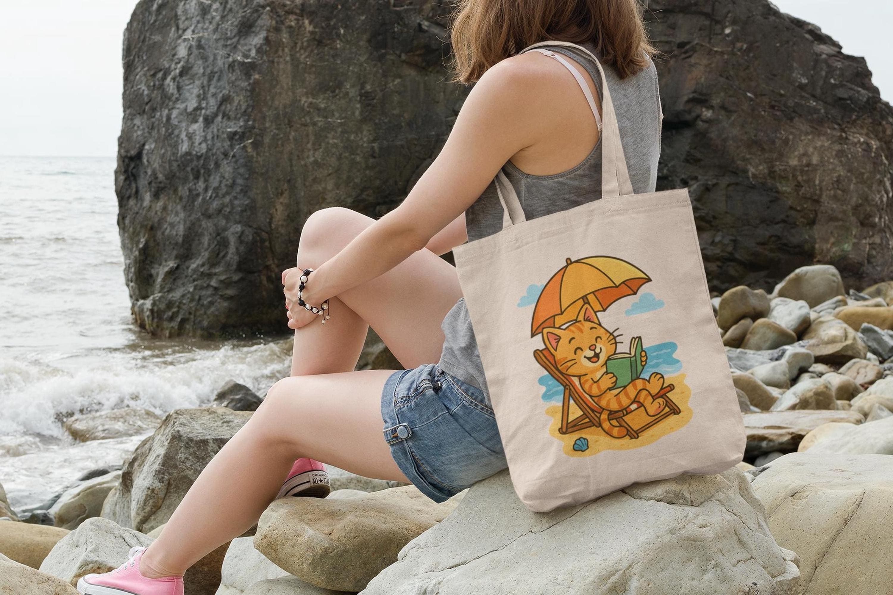 Pool Cat Tote Bag, 12 Oz Natural Cotton Canvas Cat Reading Design, image 10