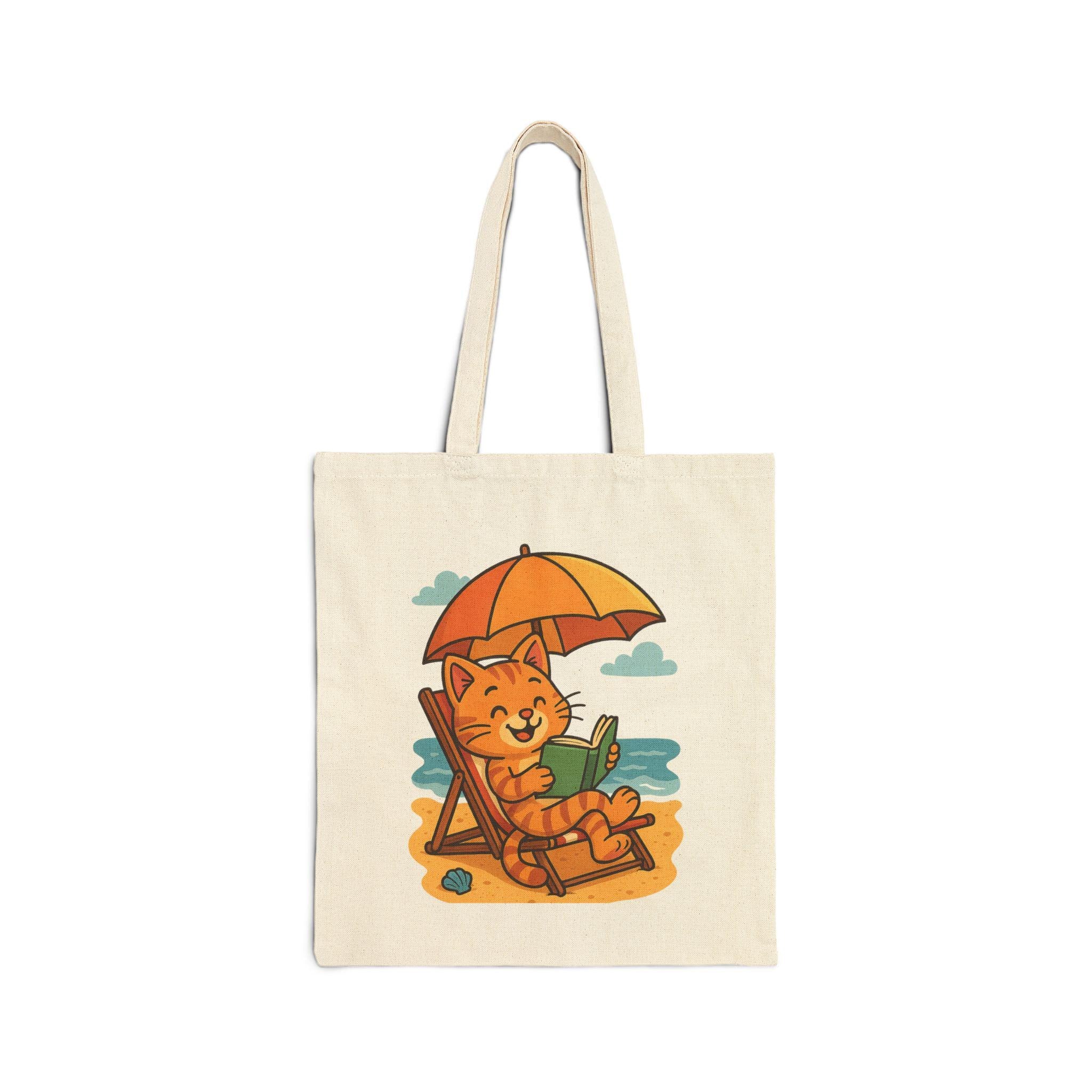 Pool Cat Tote Bag, 12 Oz Natural Cotton Canvas Cat Reading Design, image 3