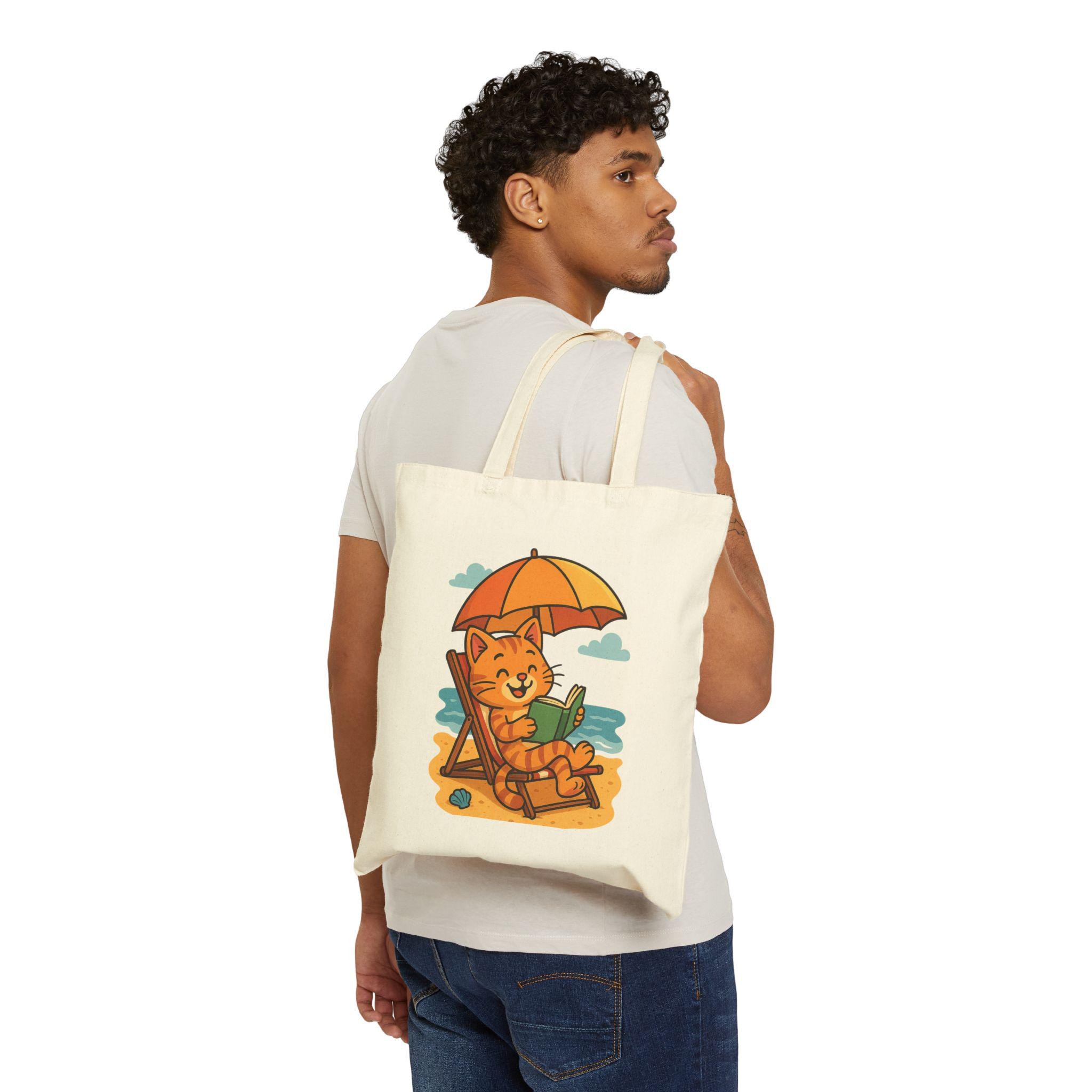 Pool Cat Tote Bag, 12 Oz Natural Cotton Canvas Cat Reading Design, image 4