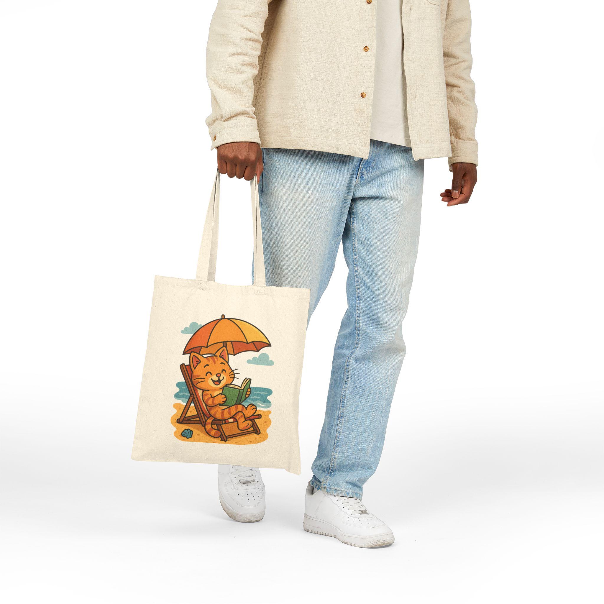 Pool Cat Tote Bag, 12 Oz Natural Cotton Canvas Cat Reading Design, image 5