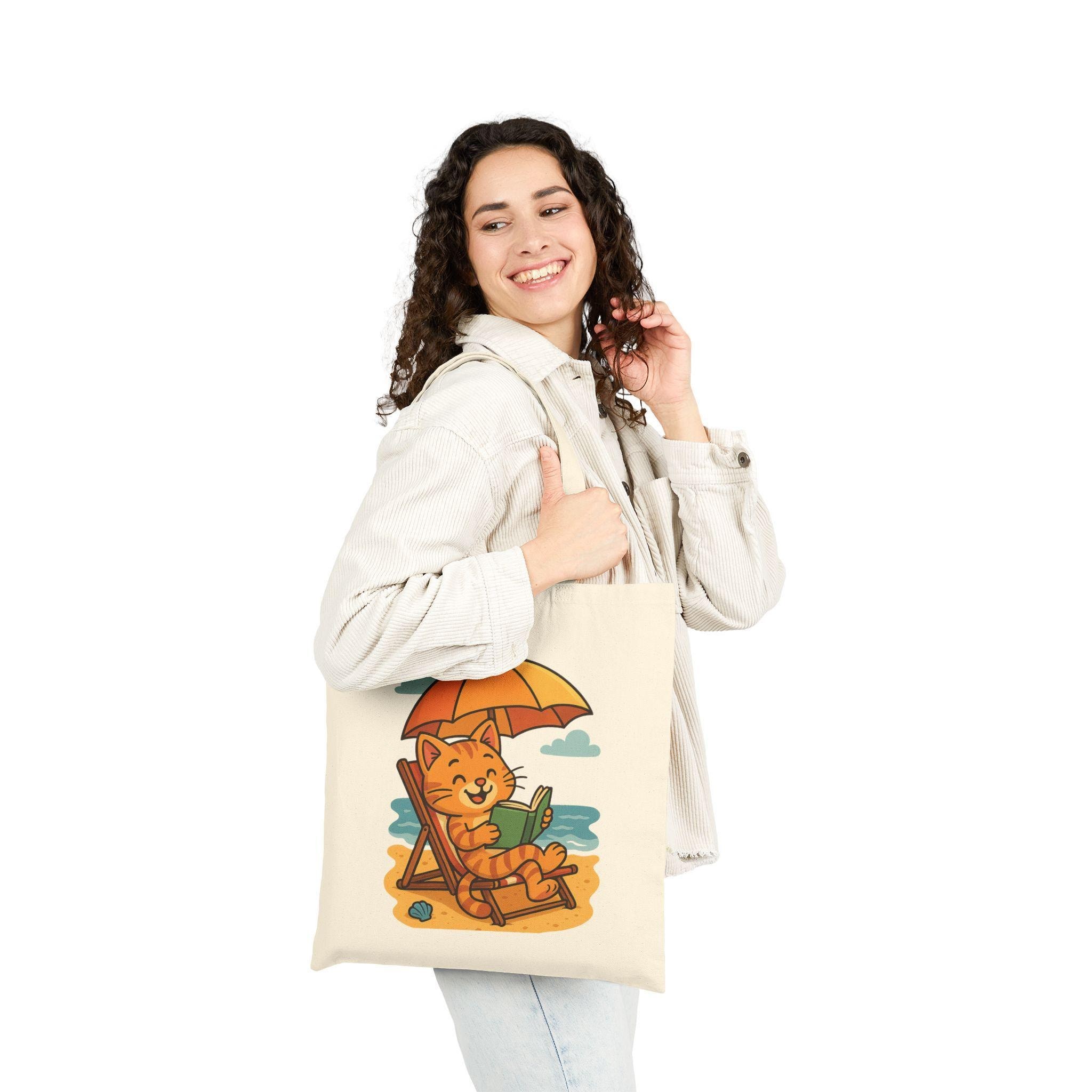 Pool Cat Tote Bag, 12 Oz Natural Cotton Canvas Cat Reading Design, image 6