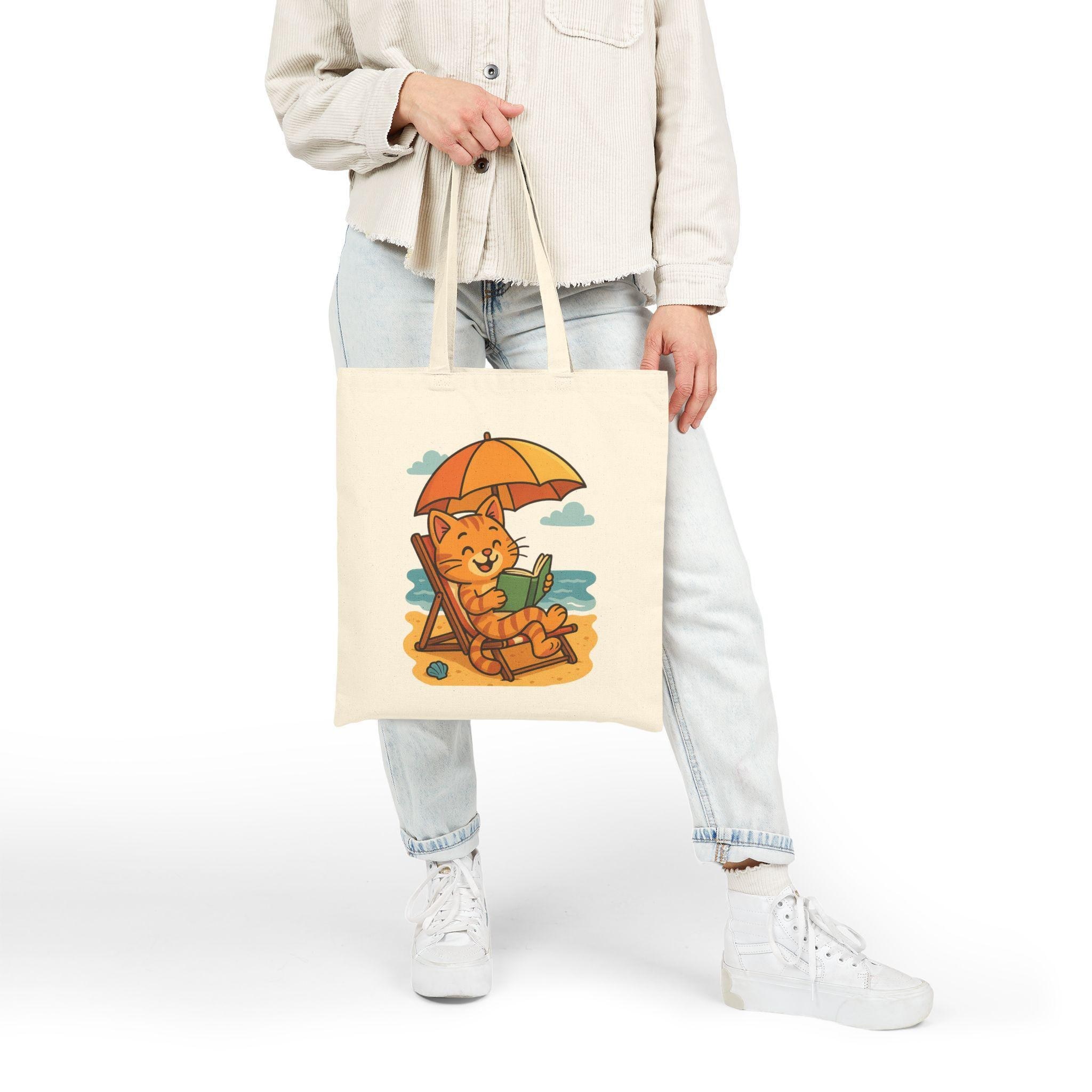 Pool Cat Tote Bag, 12 Oz Natural Cotton Canvas Cat Reading Design, image 7