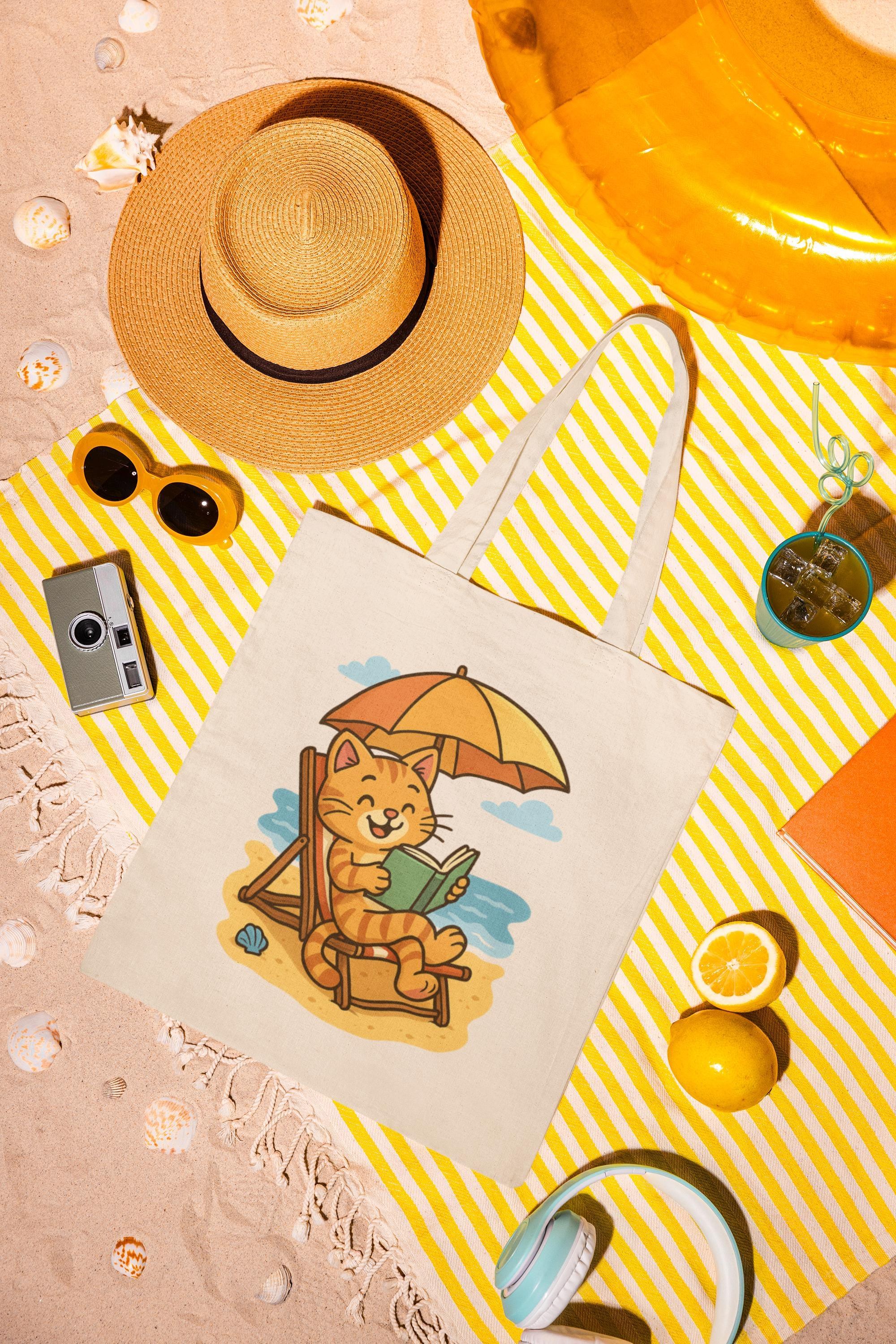 Pool Cat Tote Bag, 12 Oz Natural Cotton Canvas Cat Reading Design, image 8