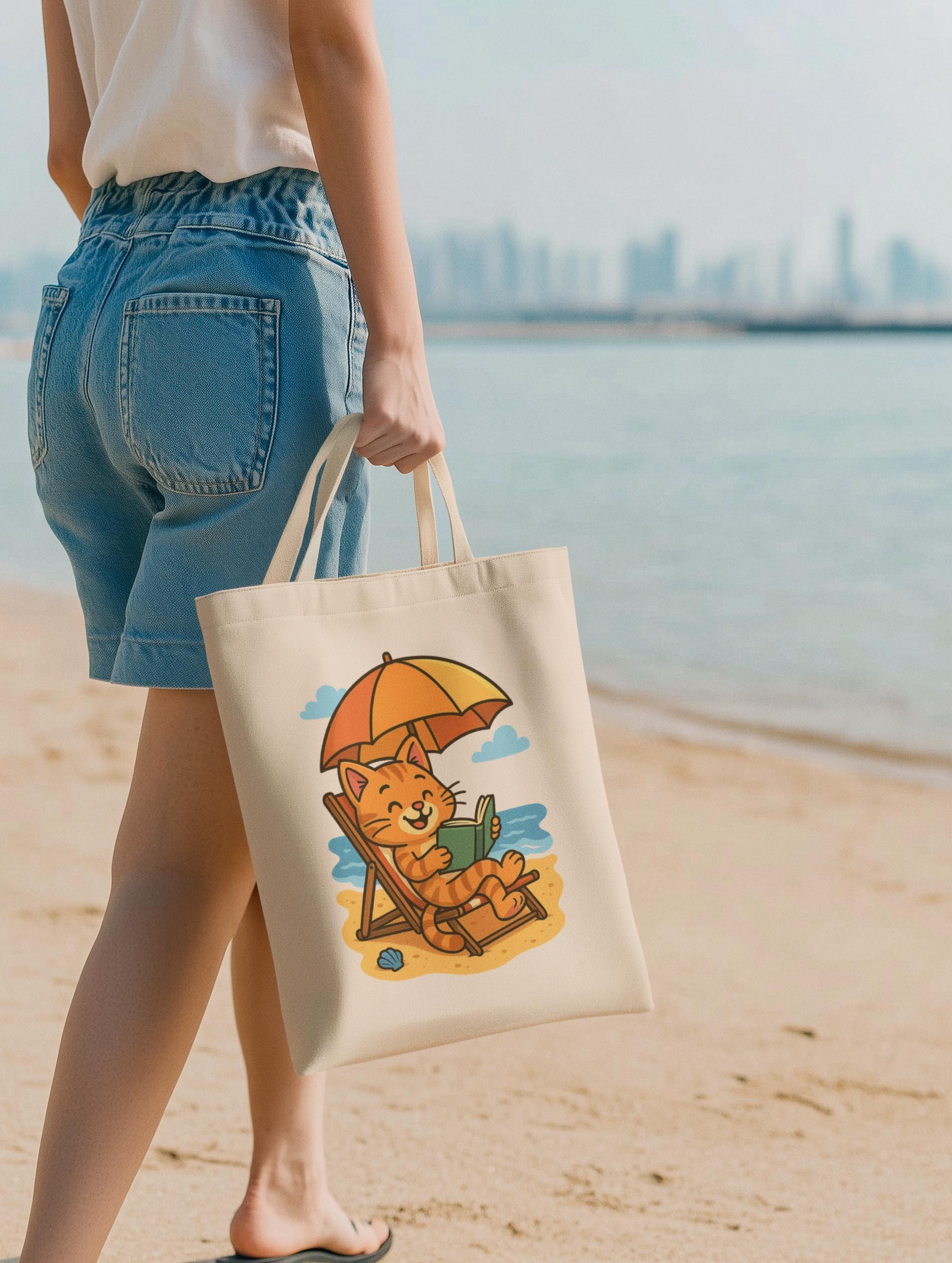 Pool Cat Tote Bag, 12 Oz Natural Cotton Canvas Cat Reading Design, image 9