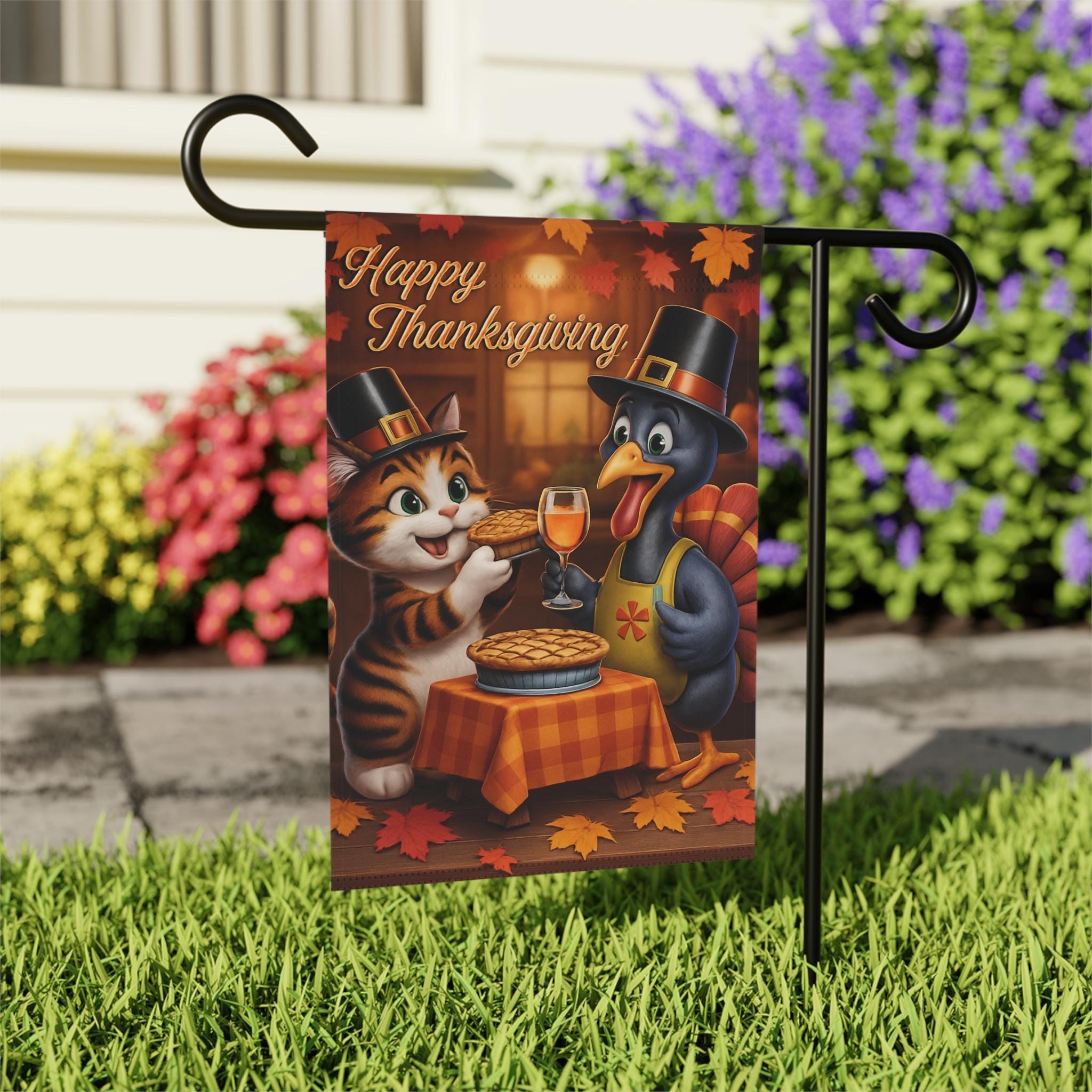 Thanksgiving Garden Flag, Cat and Turkey Autumn Porch Decor, Fall Yard Decoration