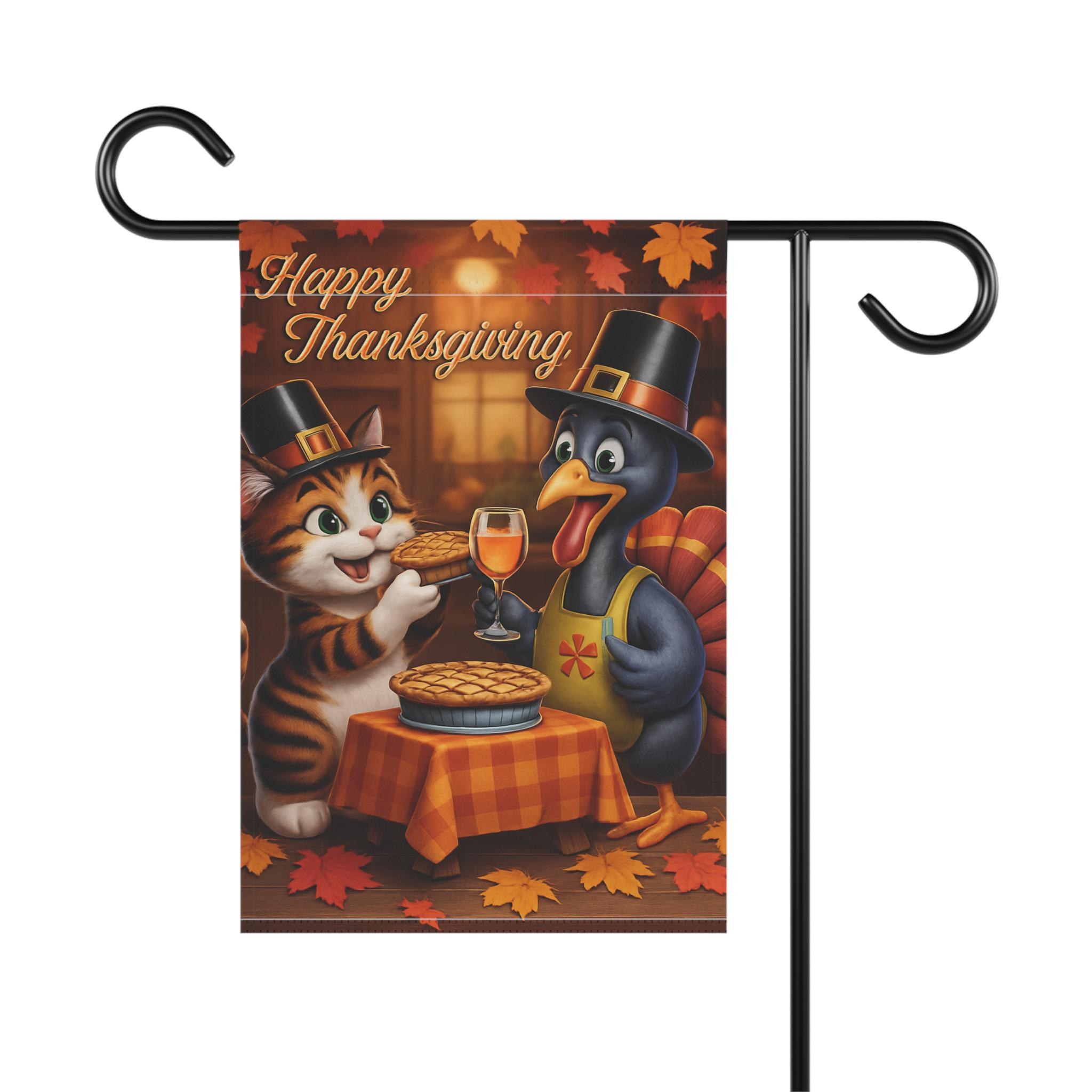 Thanksgiving Garden Flag, Cat and Turkey Autumn Porch Decor, Fall Yard Decoration, image 3