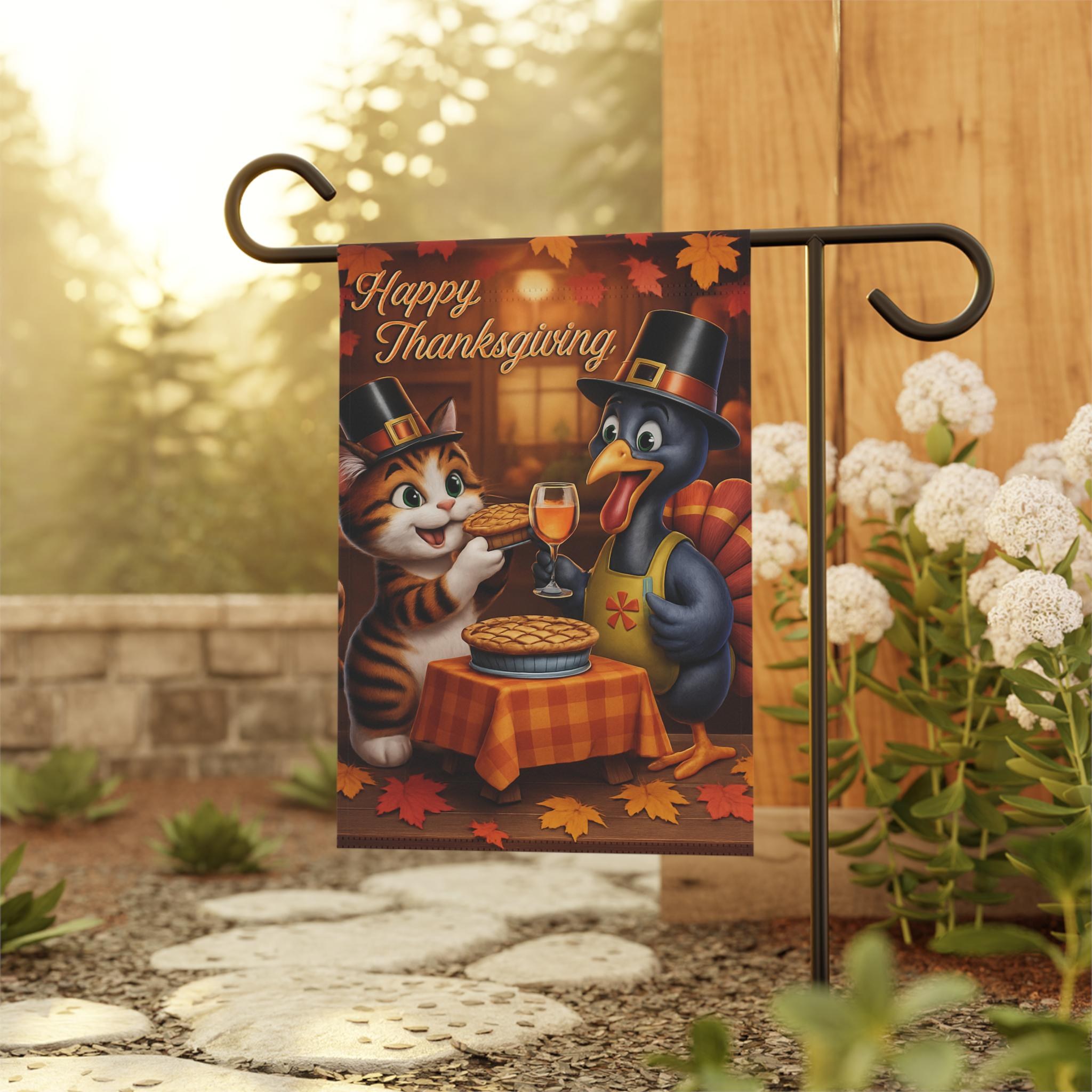 Thanksgiving Garden Flag, Cat and Turkey Autumn Porch Decor, Fall Yard Decoration, image 5