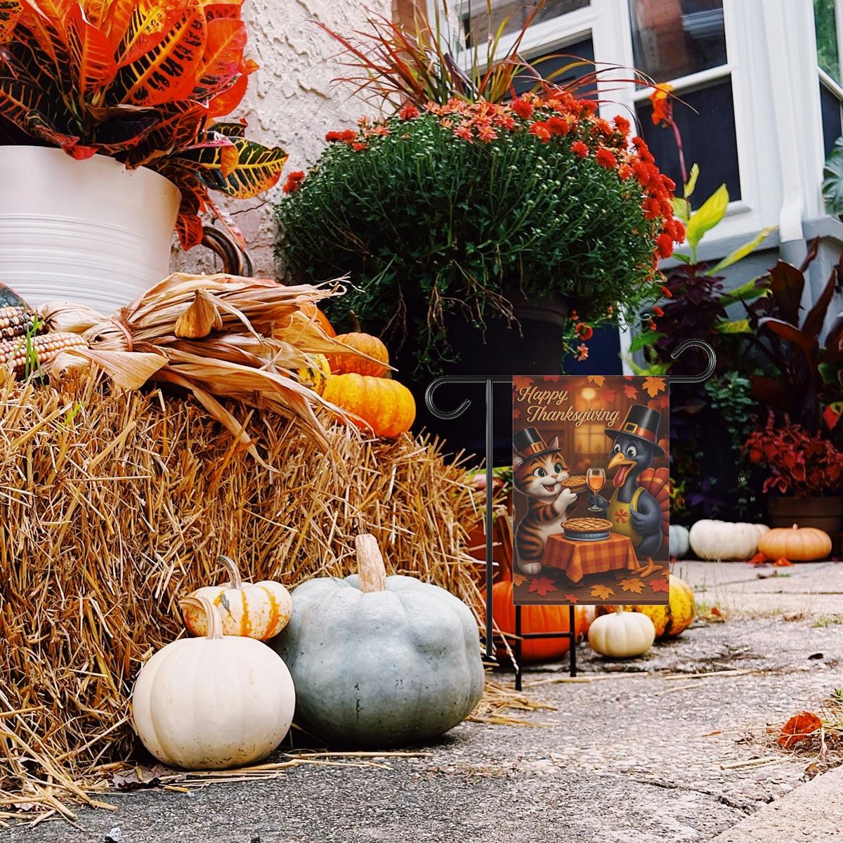 Thanksgiving Garden Flag, Cat and Turkey Autumn Porch Decor, Fall Yard Decoration, image 7