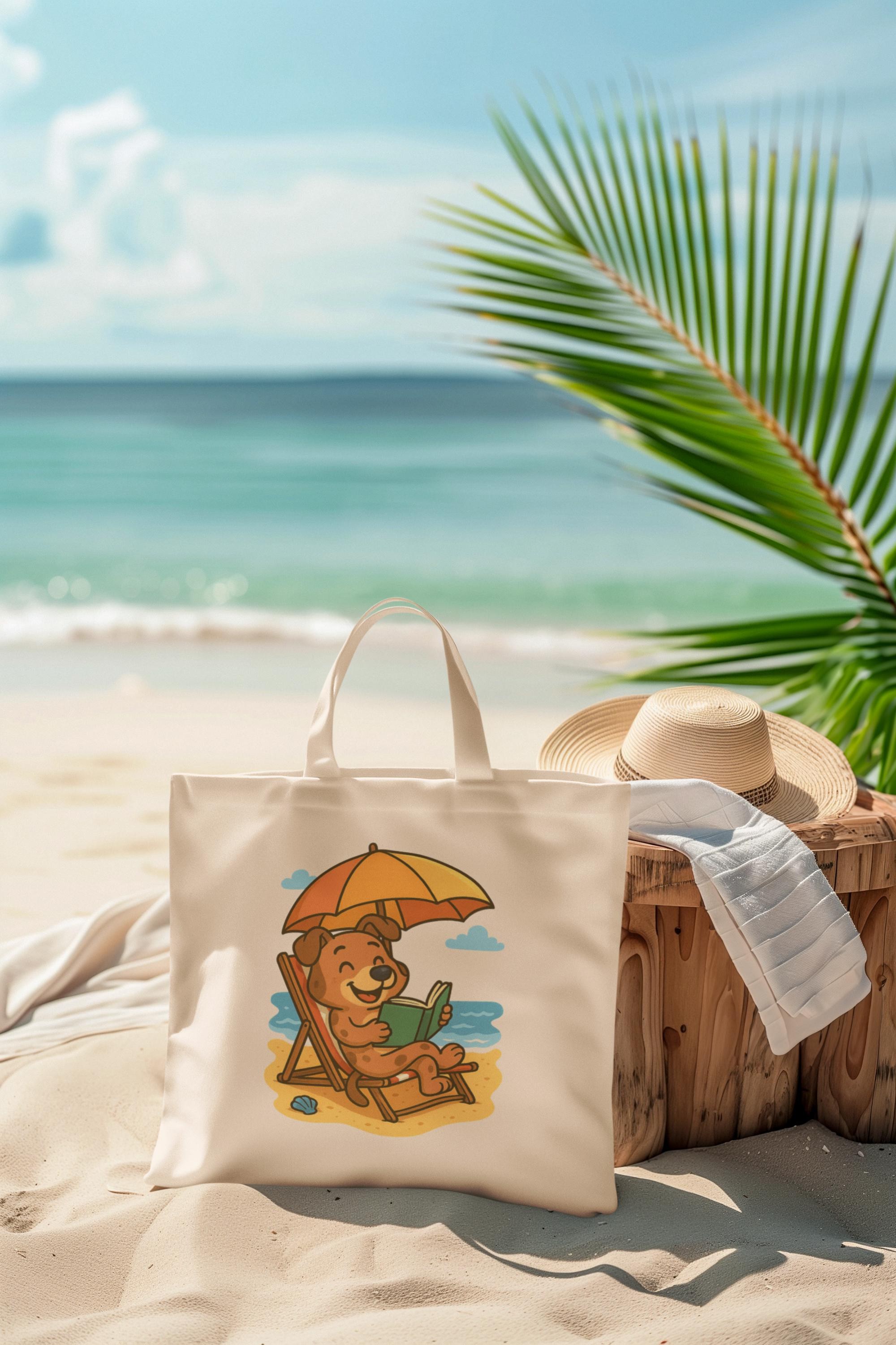 Dog Beach Tote Bag, 12 Oz Natural Cotton Canvas Reading Carrier