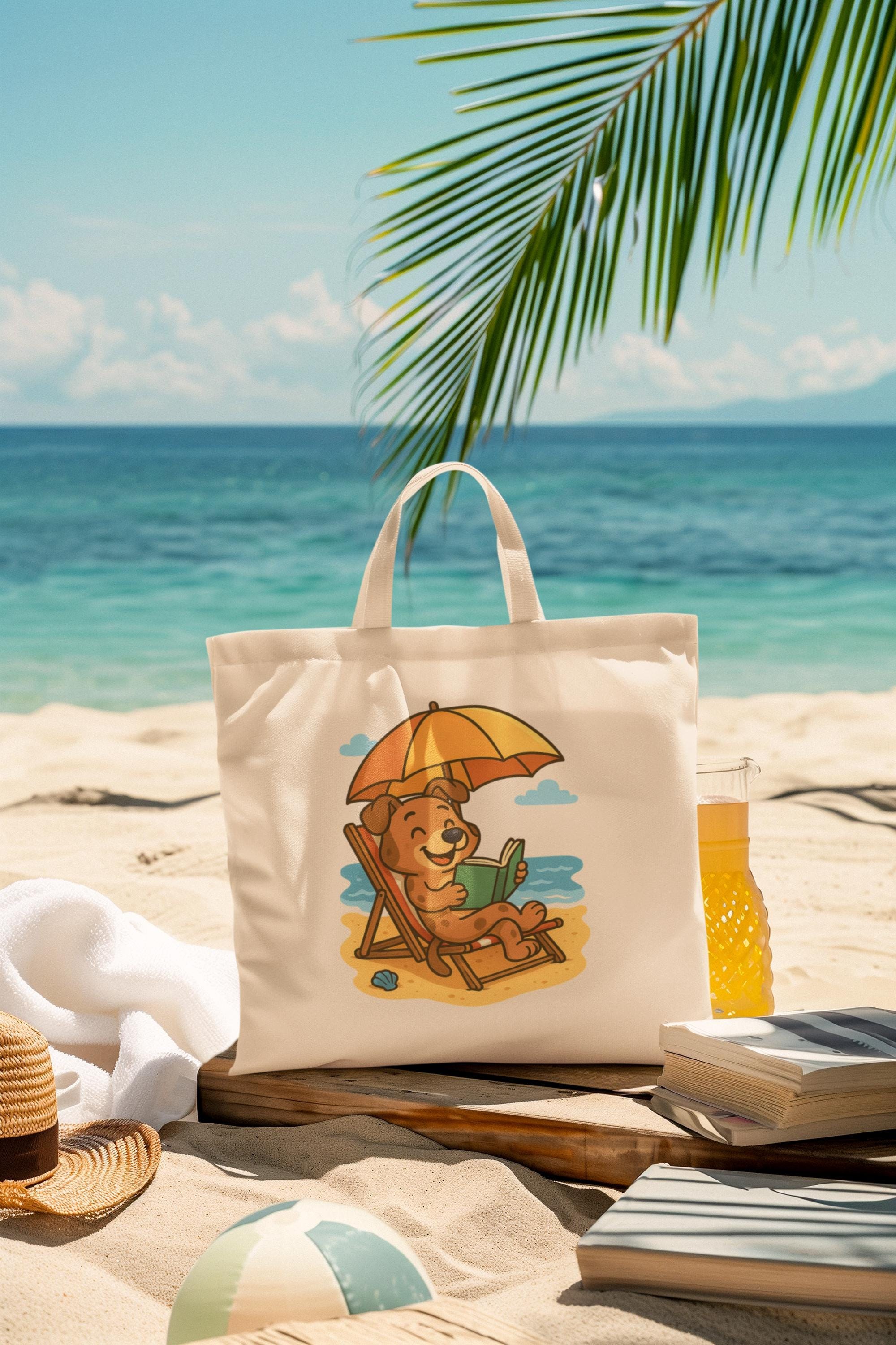 Dog Beach Tote Bag, 12 Oz Natural Cotton Canvas Reading Carrier, image 5