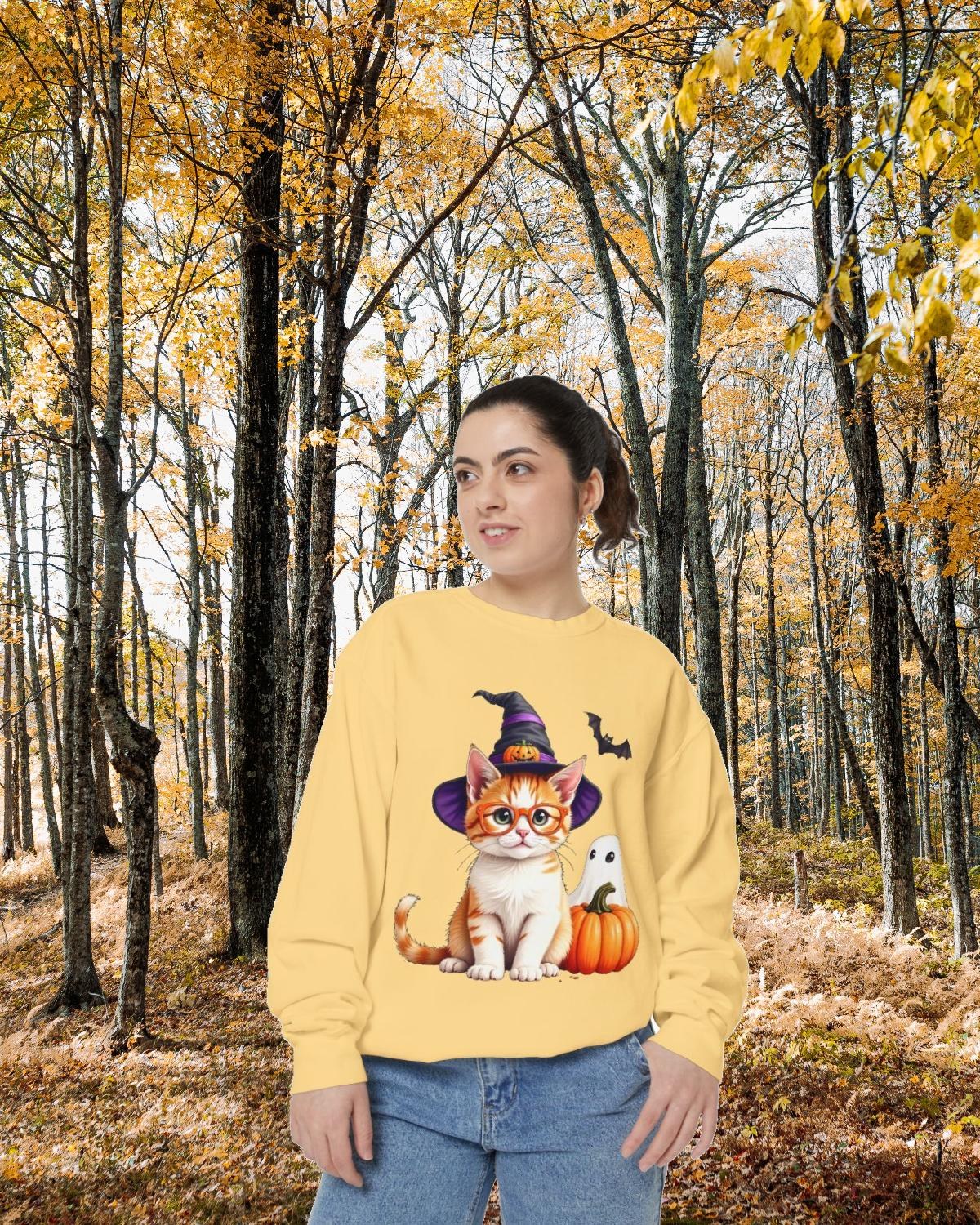 Halloween Cat Sweatshirt: Witch Hat, Pumpkins, and Bats, Unisex Cotton/Polyester Blend