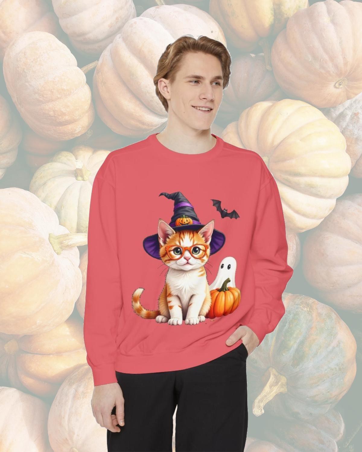 Halloween Cat Sweatshirt: Witch Hat, Pumpkins, and Bats, Unisex Cotton/Polyester Blend, image 9