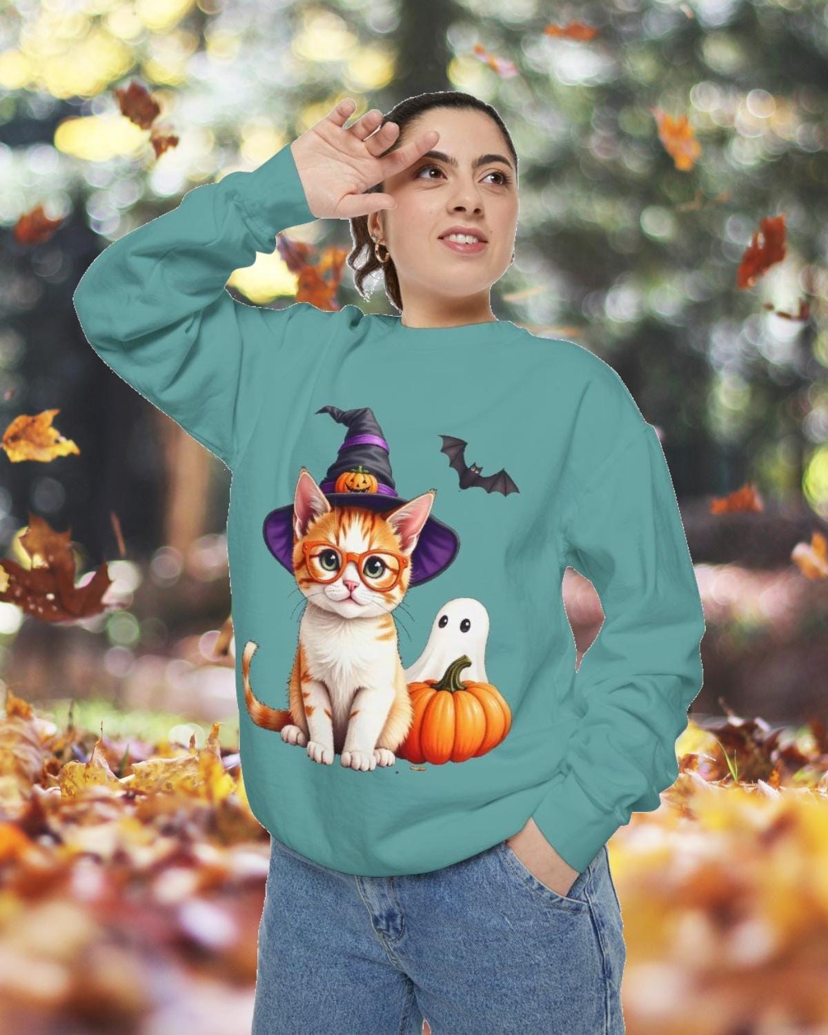 Halloween Cat Sweatshirt: Witch Hat, Pumpkins, and Bats, Unisex Cotton/Polyester Blend, image 2