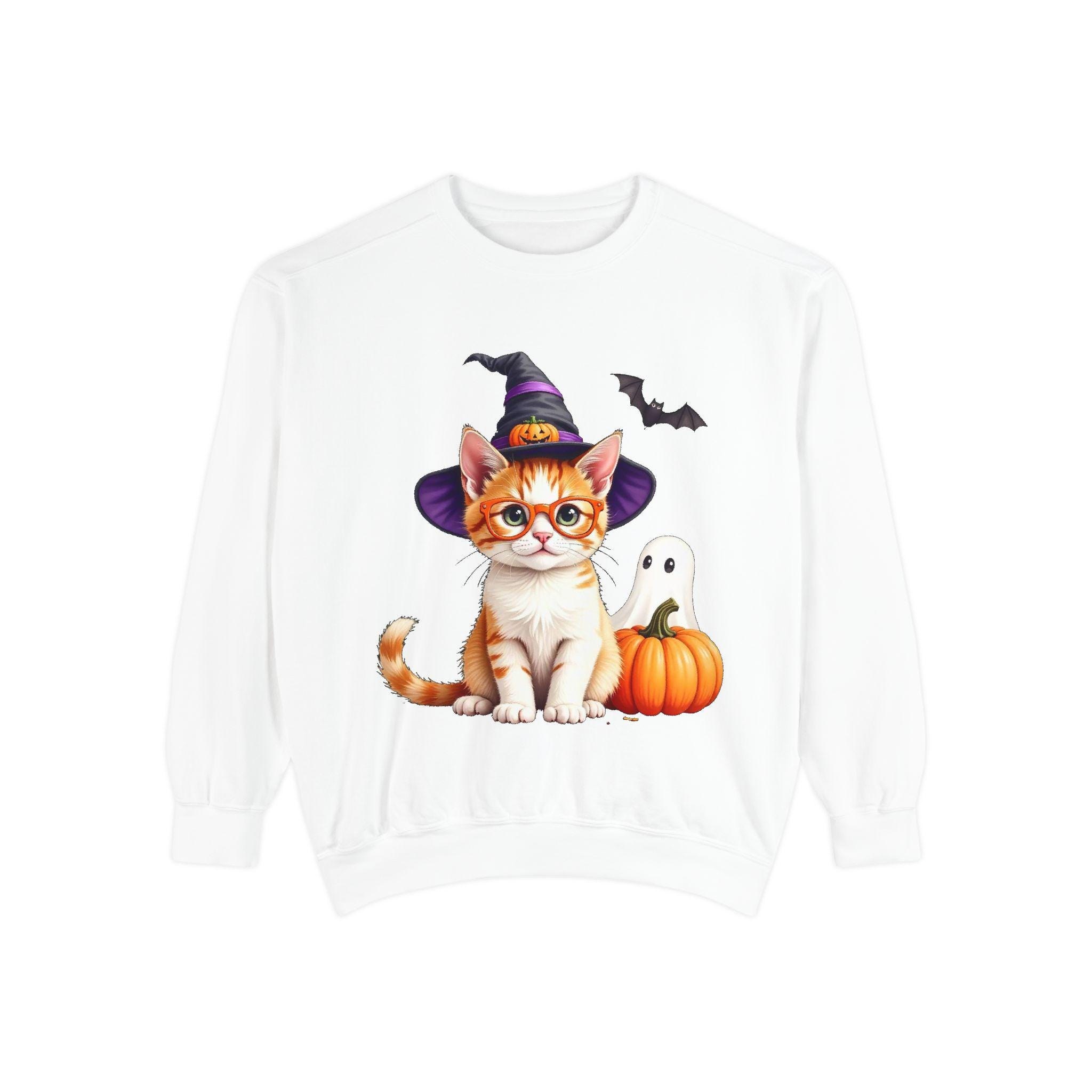Halloween Cat Sweatshirt: Witch Hat, Pumpkins, and Bats, Unisex Cotton/Polyester Blend, image 3