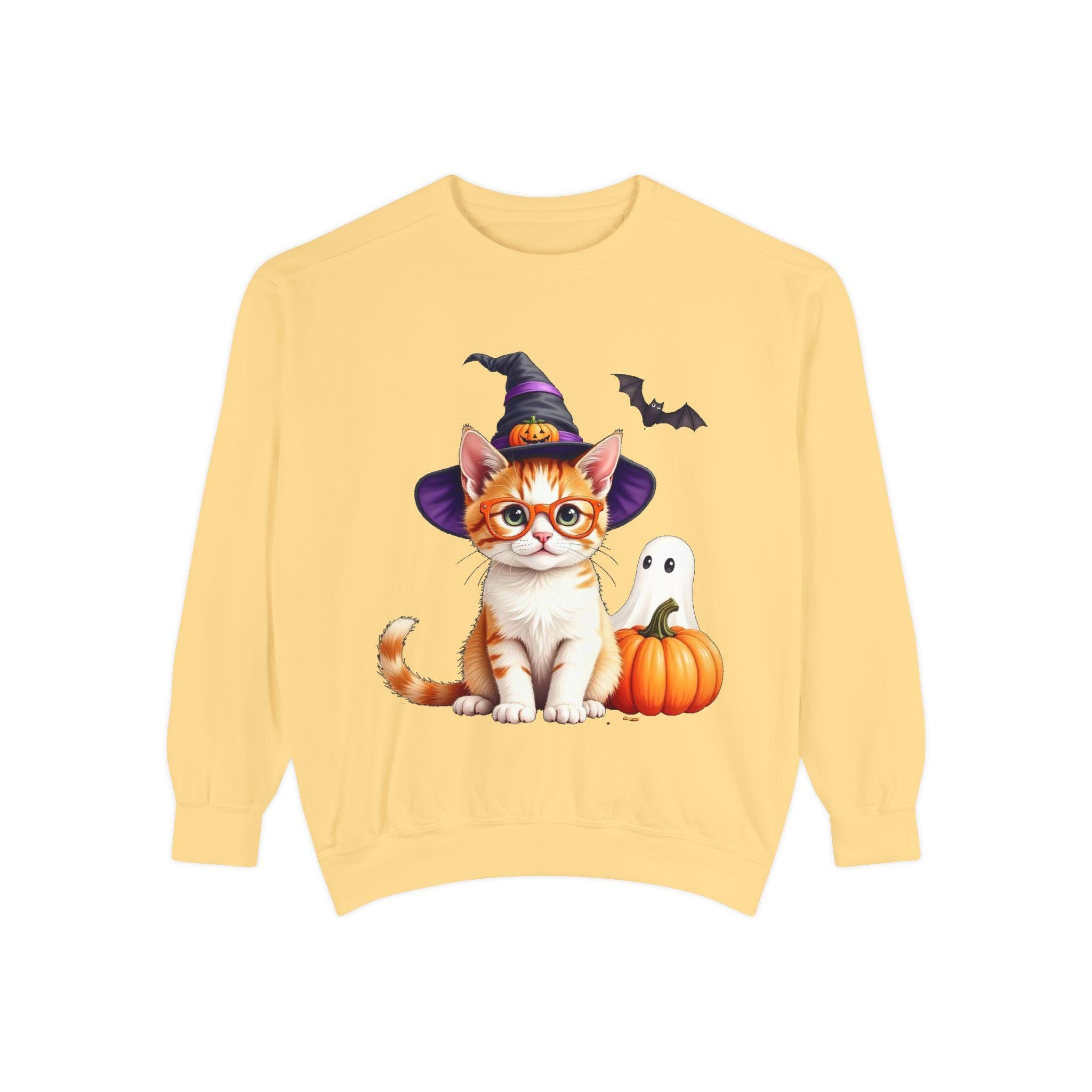Halloween Cat Sweatshirt: Witch Hat, Pumpkins, and Bats, Unisex Cotton/Polyester Blend, image 4