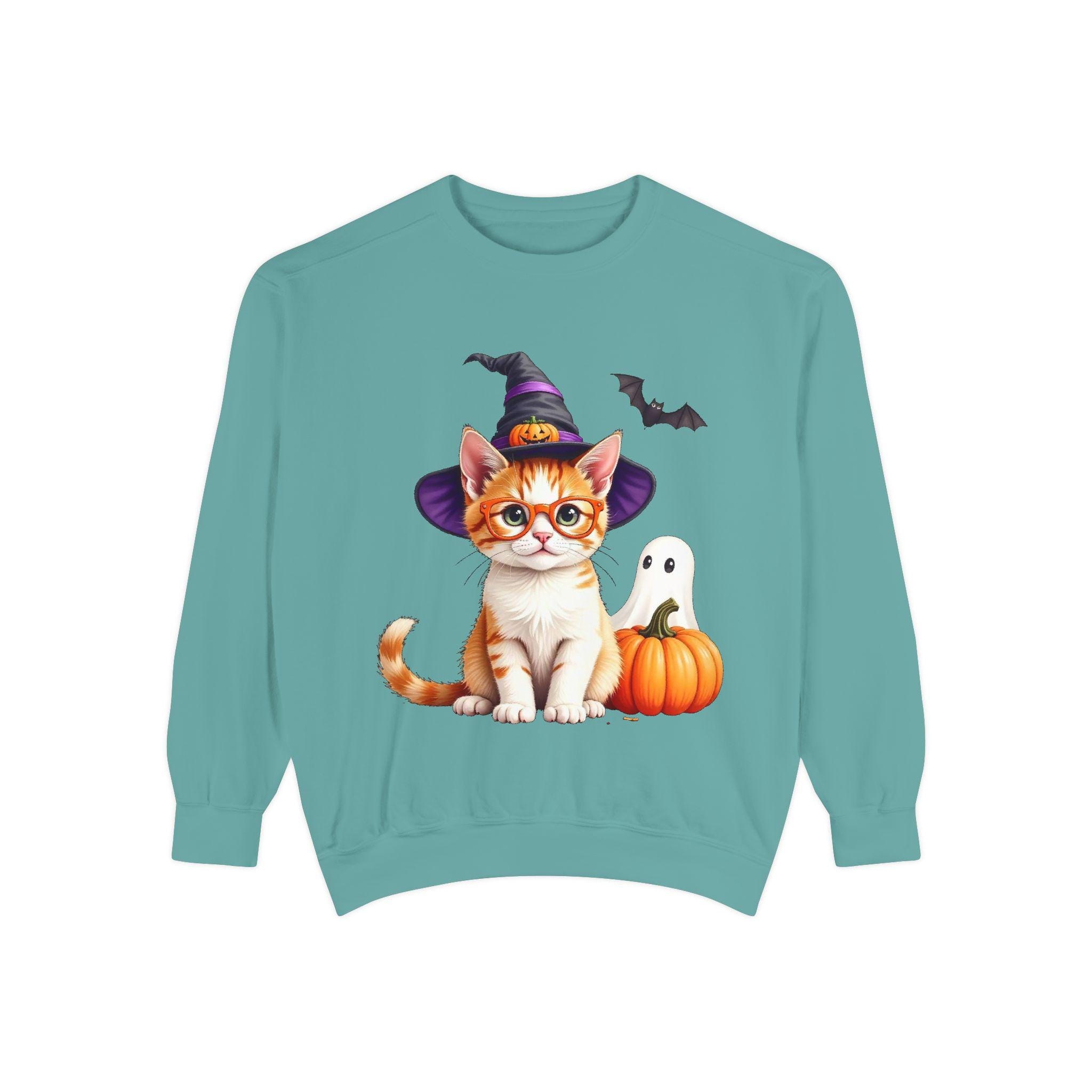 Halloween Cat Sweatshirt: Witch Hat, Pumpkins, and Bats, Unisex Cotton/Polyester Blend, image 5