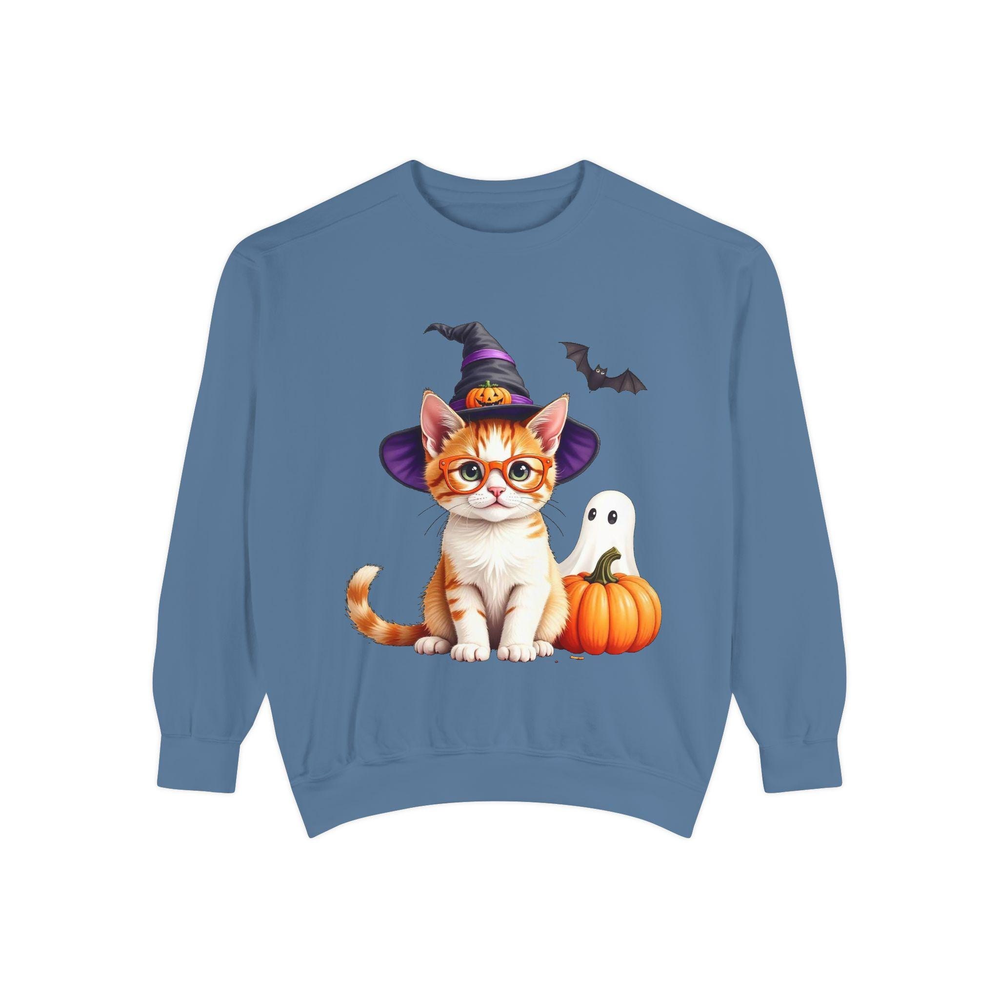 Halloween Cat Sweatshirt: Witch Hat, Pumpkins, and Bats, Unisex Cotton/Polyester Blend, image 6