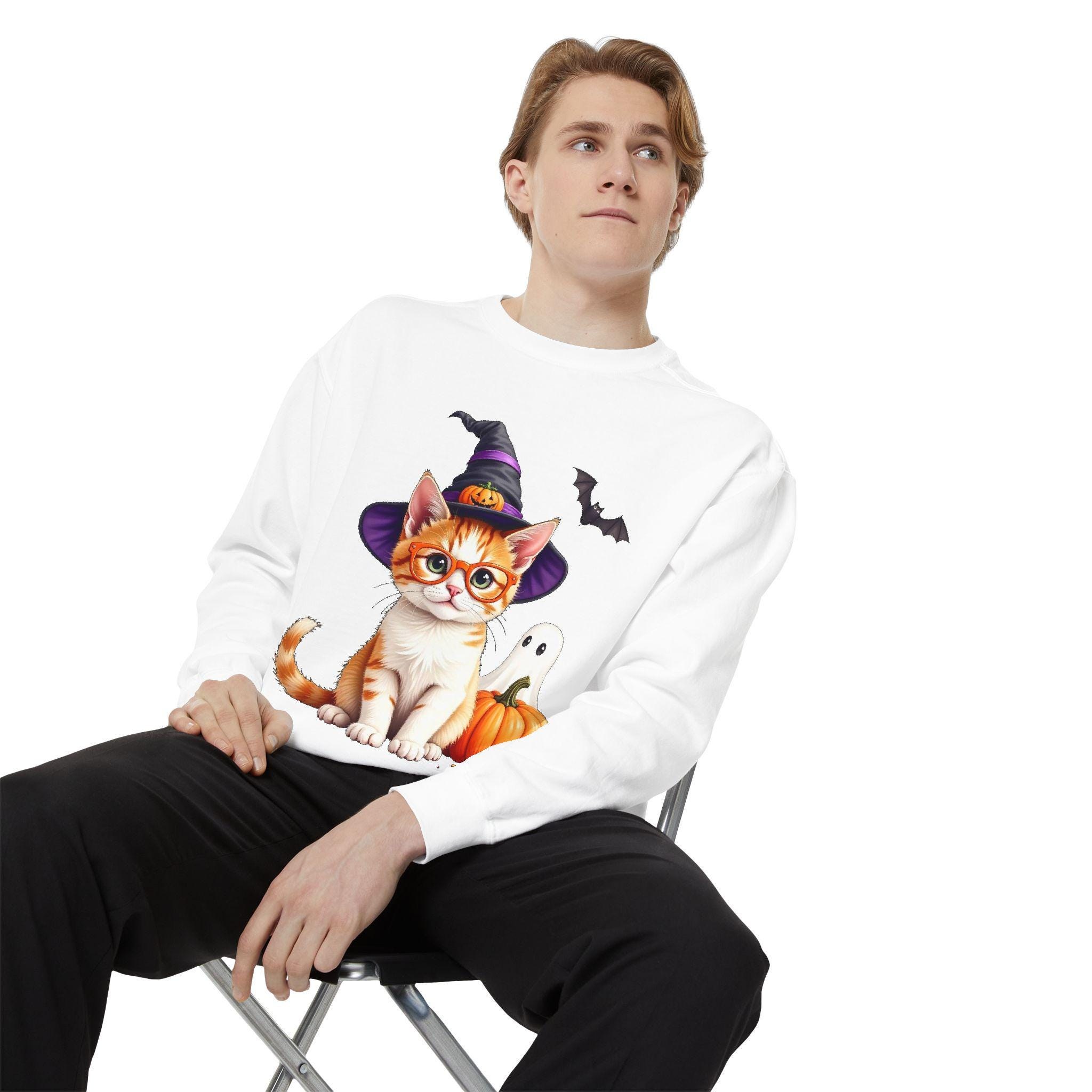 Halloween Cat Sweatshirt: Witch Hat, Pumpkins, and Bats, Unisex Cotton/Polyester Blend, image 7