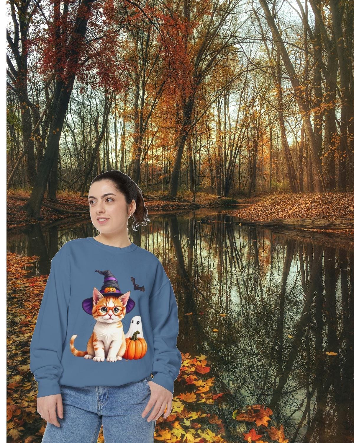 Halloween Cat Sweatshirt: Witch Hat, Pumpkins, and Bats, Unisex Cotton/Polyester Blend, image 8