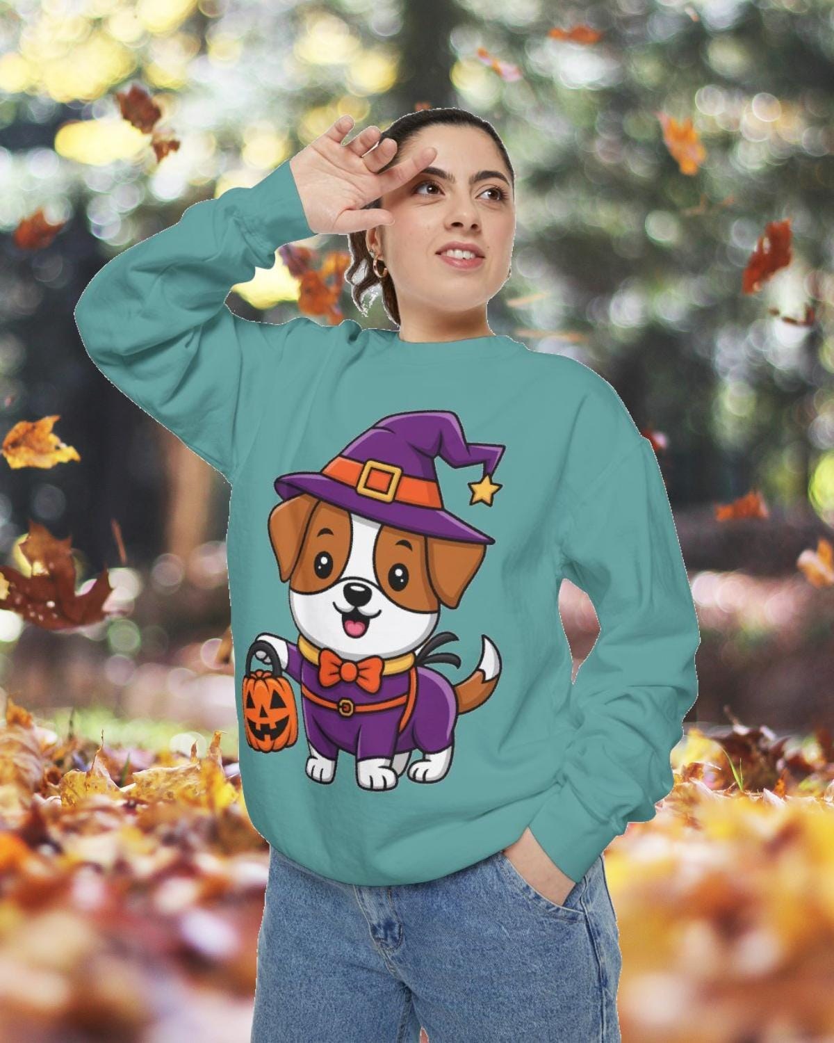 Halloween Dog Sweatshirt: Witch Hat Cotton Blend Autumn Wear