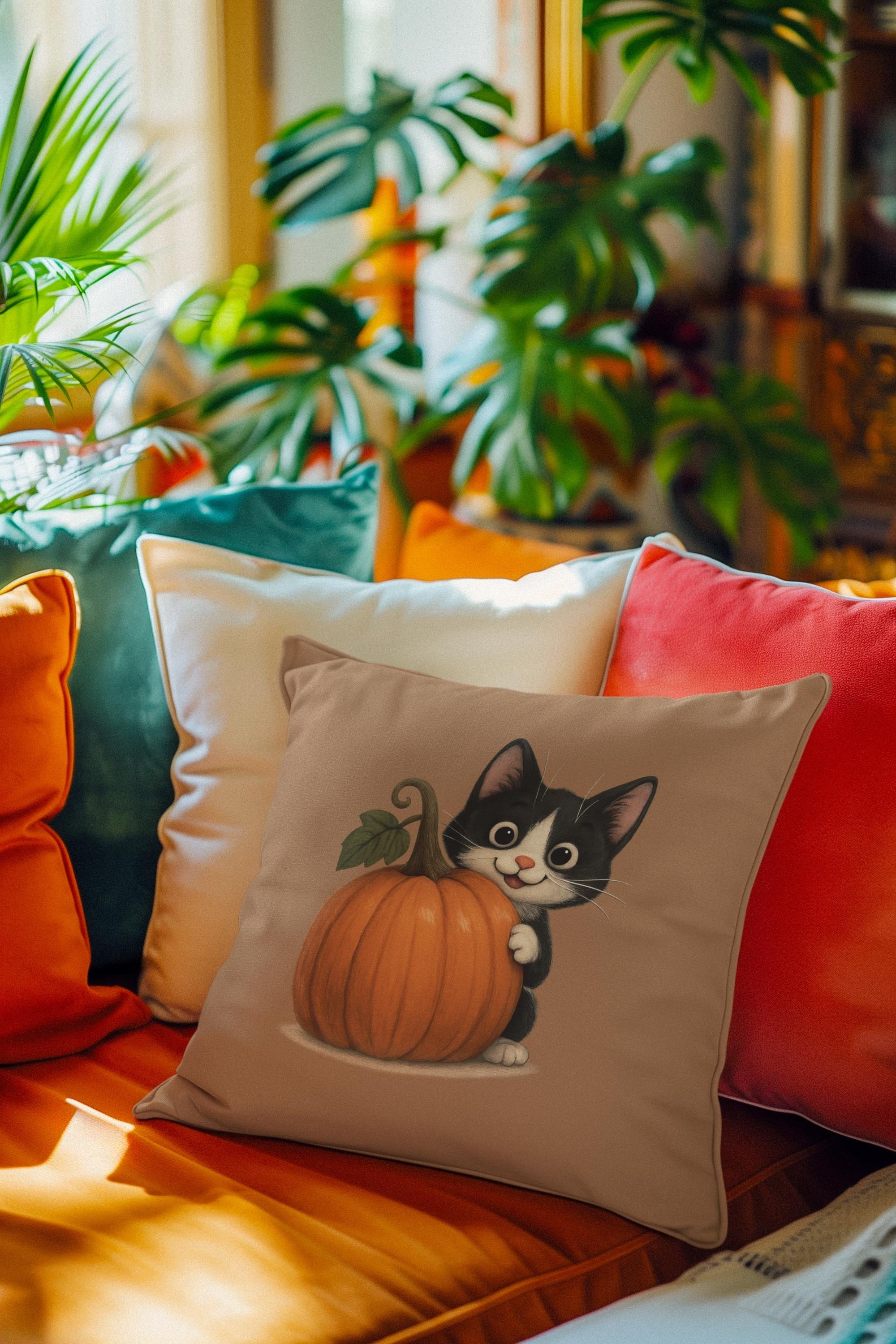 Tuxedo Cat Fall Pillow: Halloween Pumpkin Accent Decor, Spun Polyester