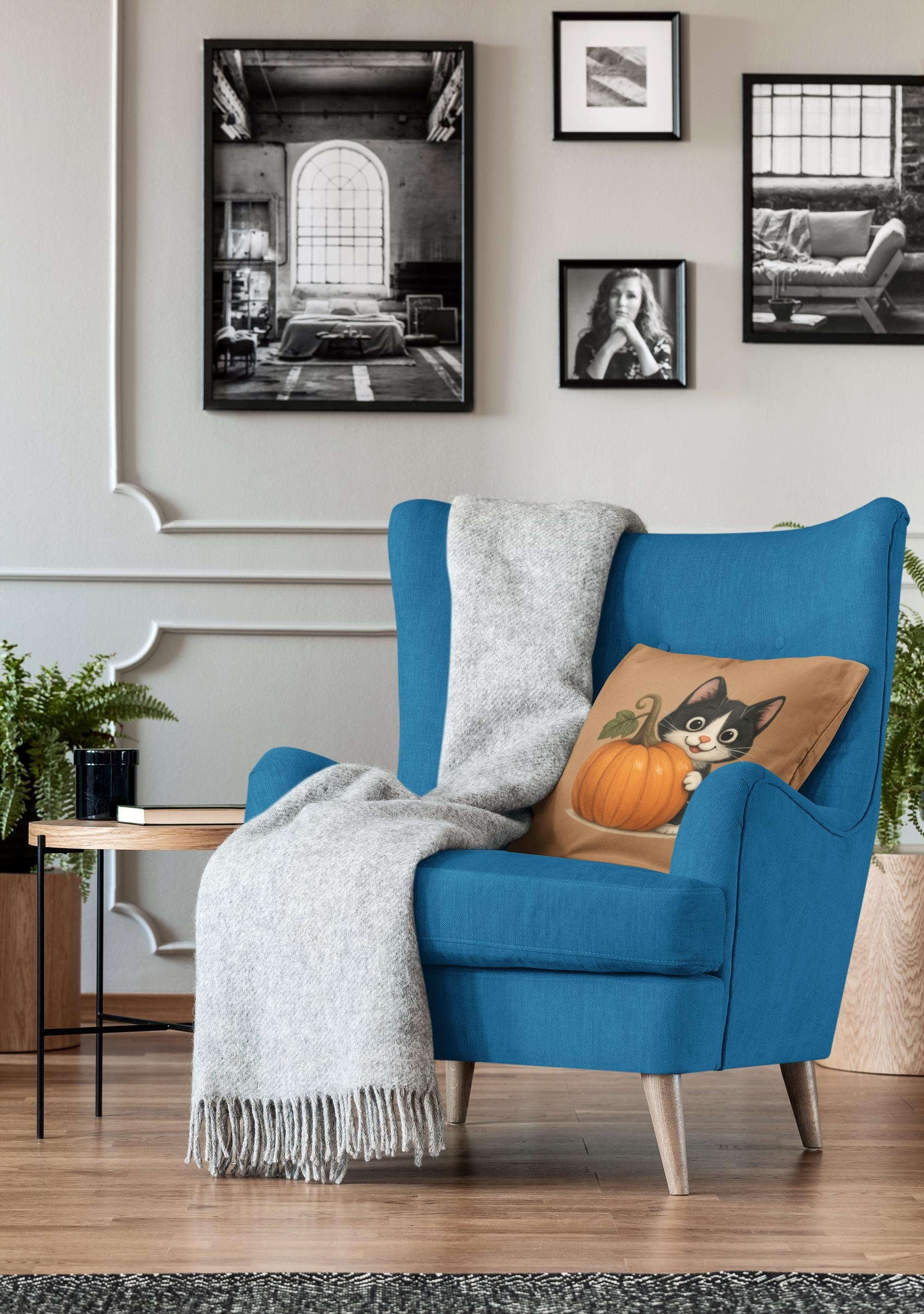 Tuxedo Cat Fall Pillow: Halloween Pumpkin Accent Decor, Spun Polyester, image 3