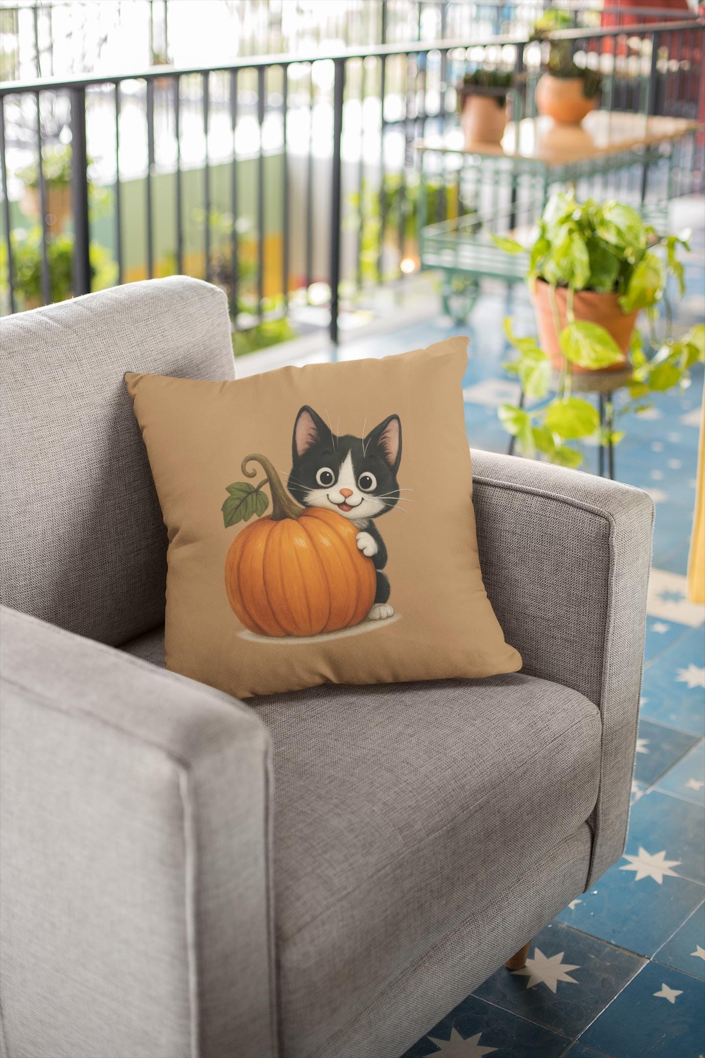 Tuxedo Cat Fall Pillow: Halloween Pumpkin Accent Decor, Spun Polyester, image 4