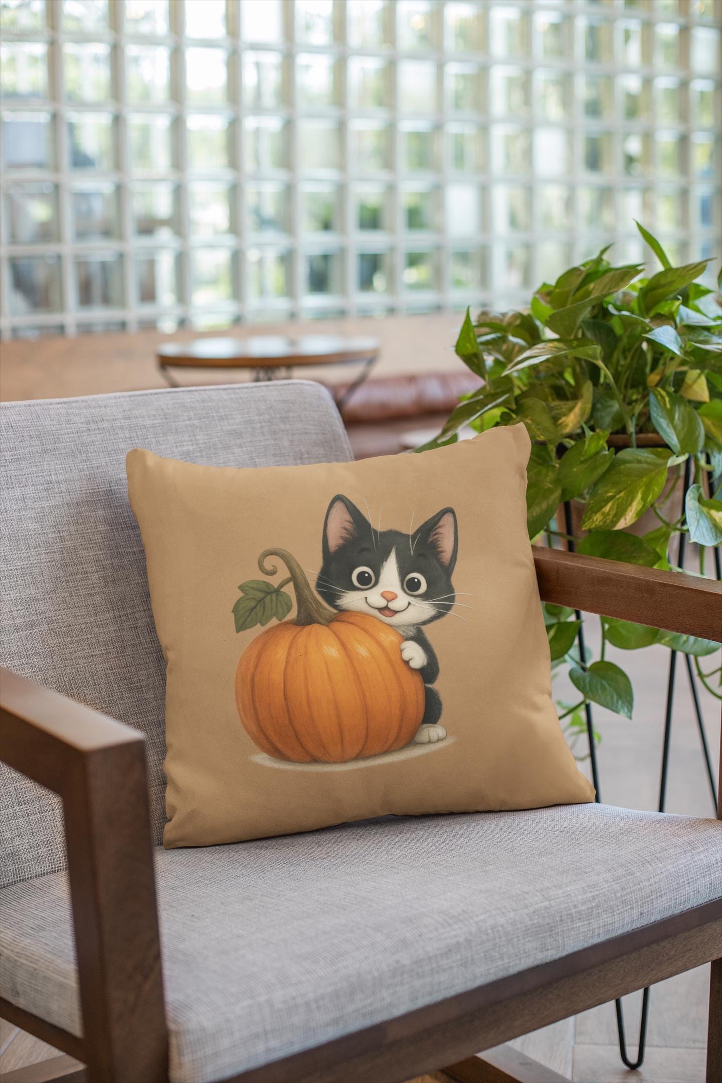 Tuxedo Cat Fall Pillow: Halloween Pumpkin Accent Decor, Spun Polyester, image 5