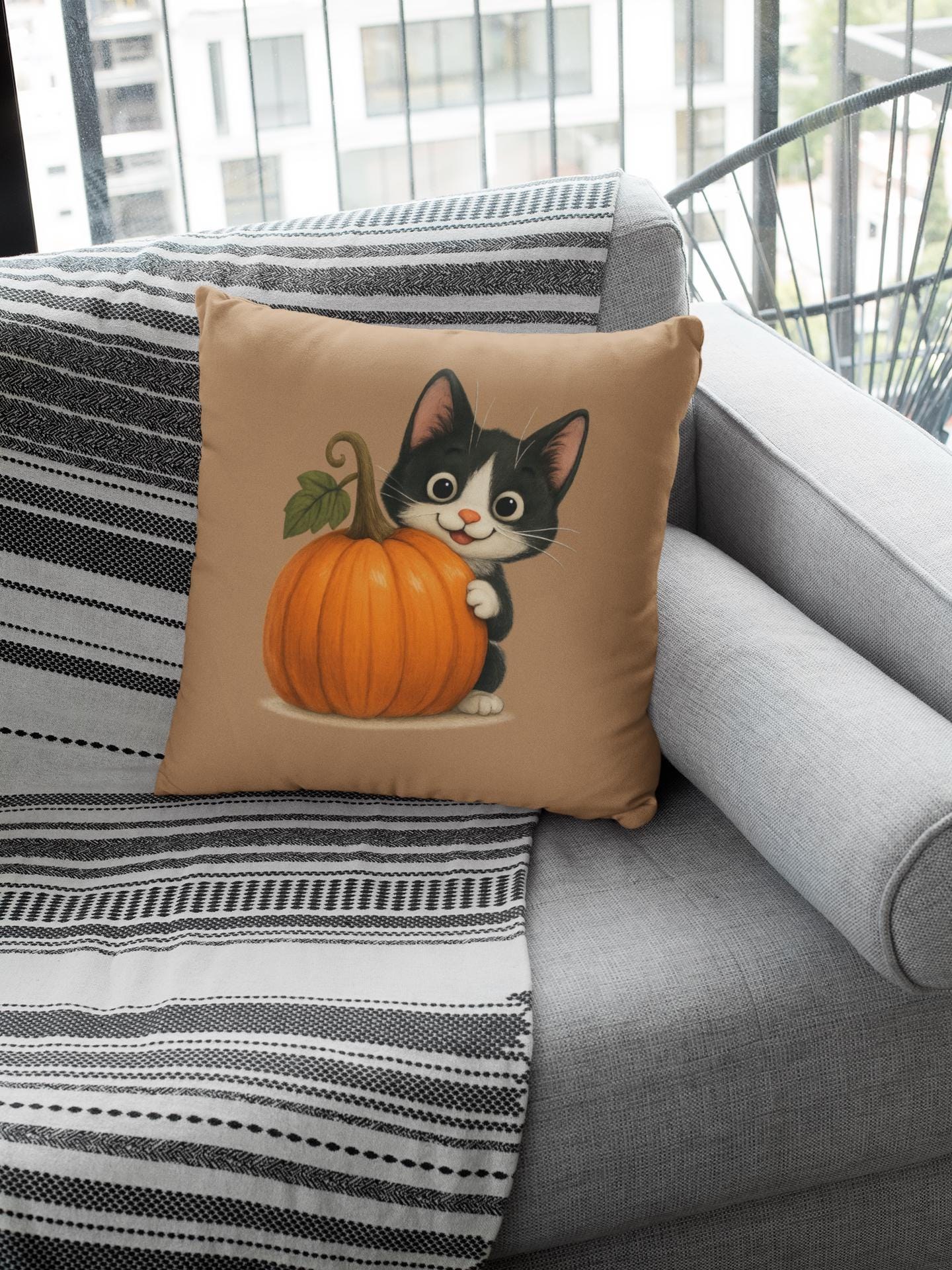 Tuxedo Cat Fall Pillow: Halloween Pumpkin Accent Decor, Spun Polyester, image 6