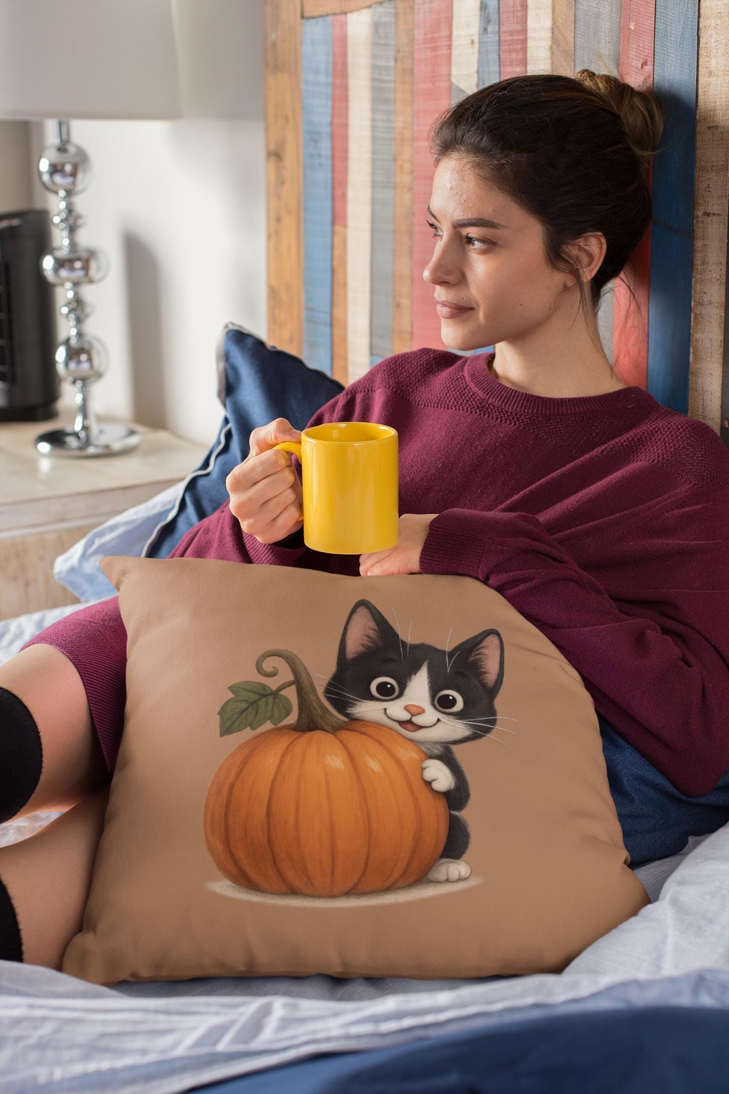 Tuxedo Cat Fall Pillow: Halloween Pumpkin Accent Decor, Spun Polyester, image 7