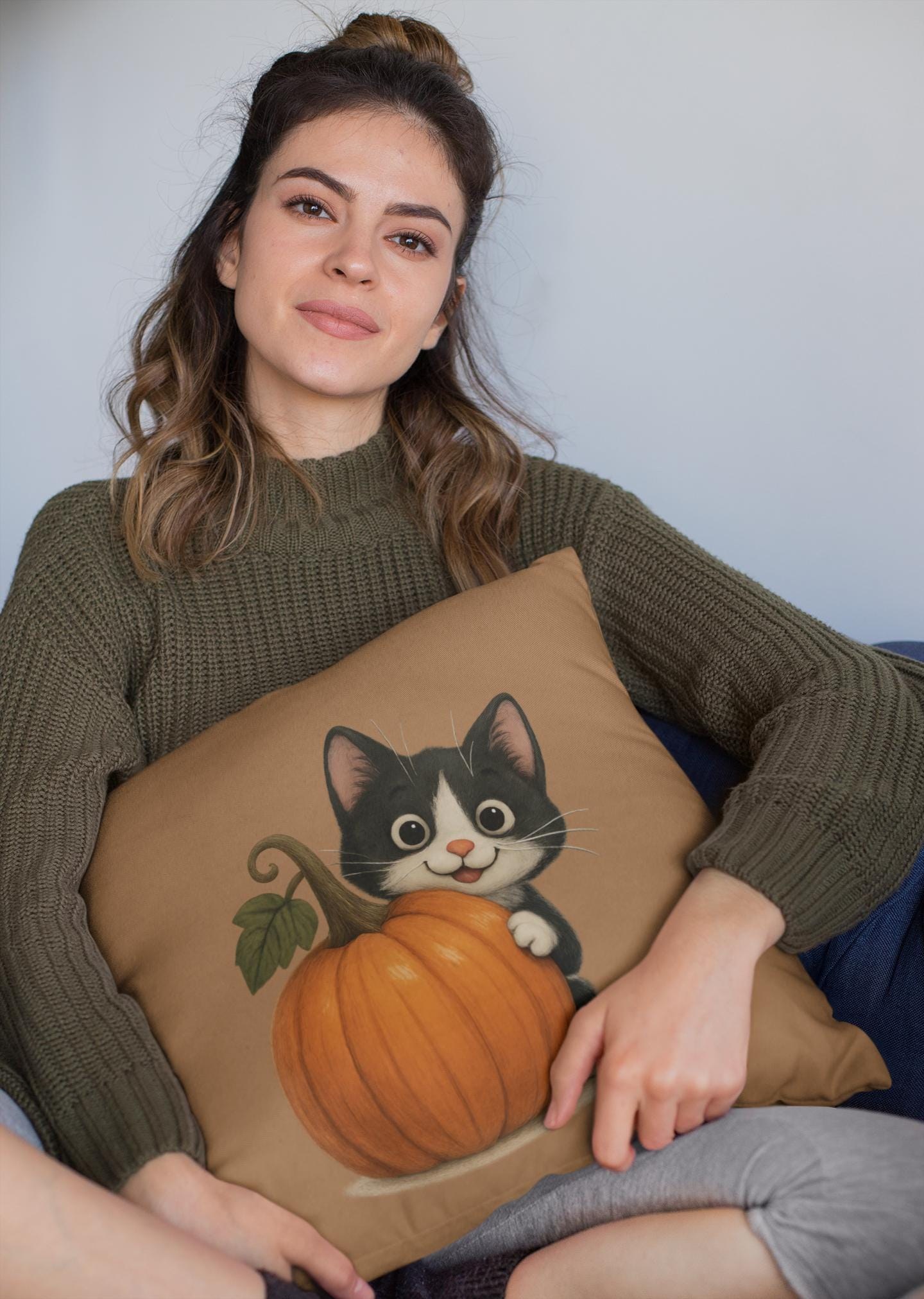 Tuxedo Cat Fall Pillow: Halloween Pumpkin Accent Decor, Spun Polyester, image 8