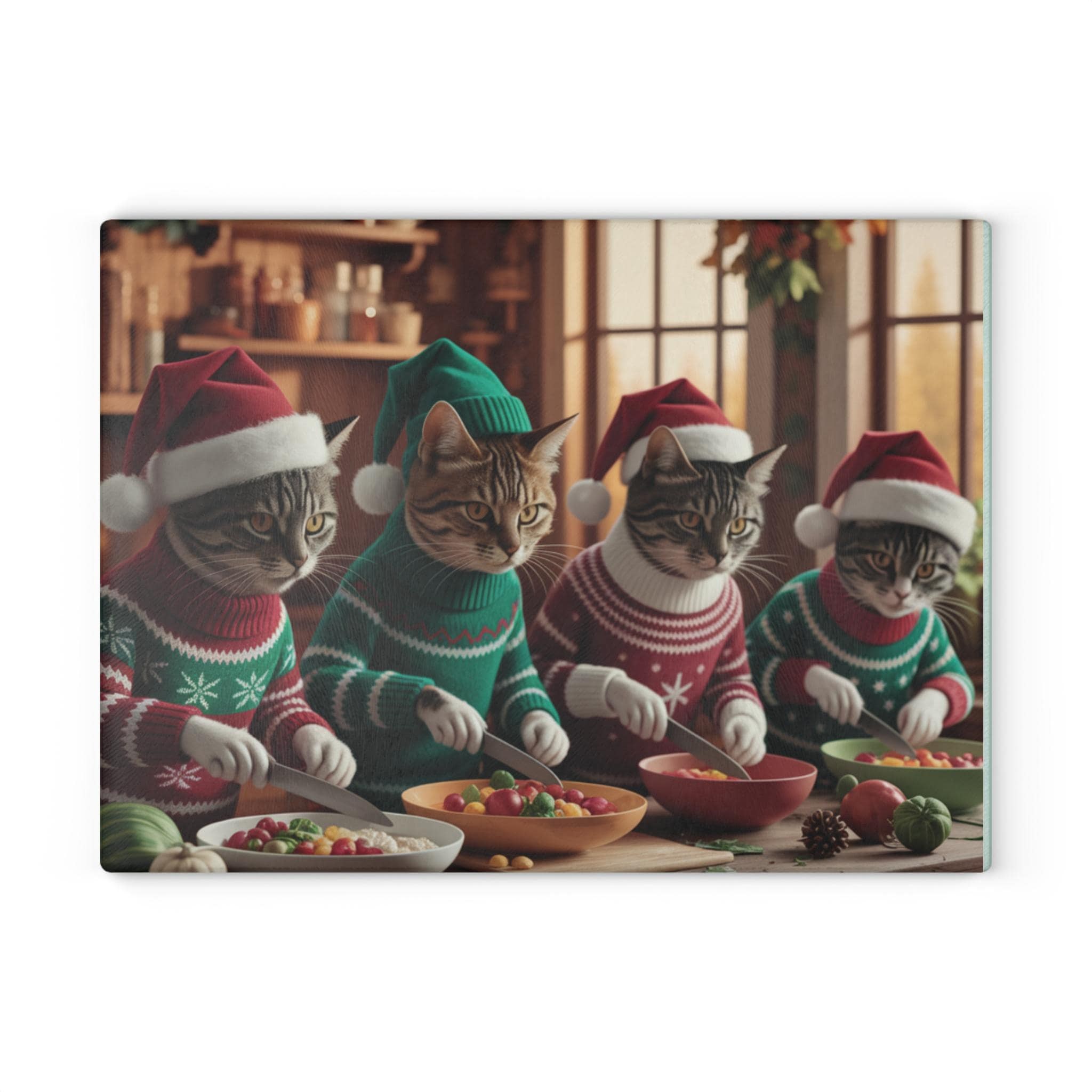 Cooking Christmas Cats Cutting Board: Tempered Glass Holiday Kitchen Decor