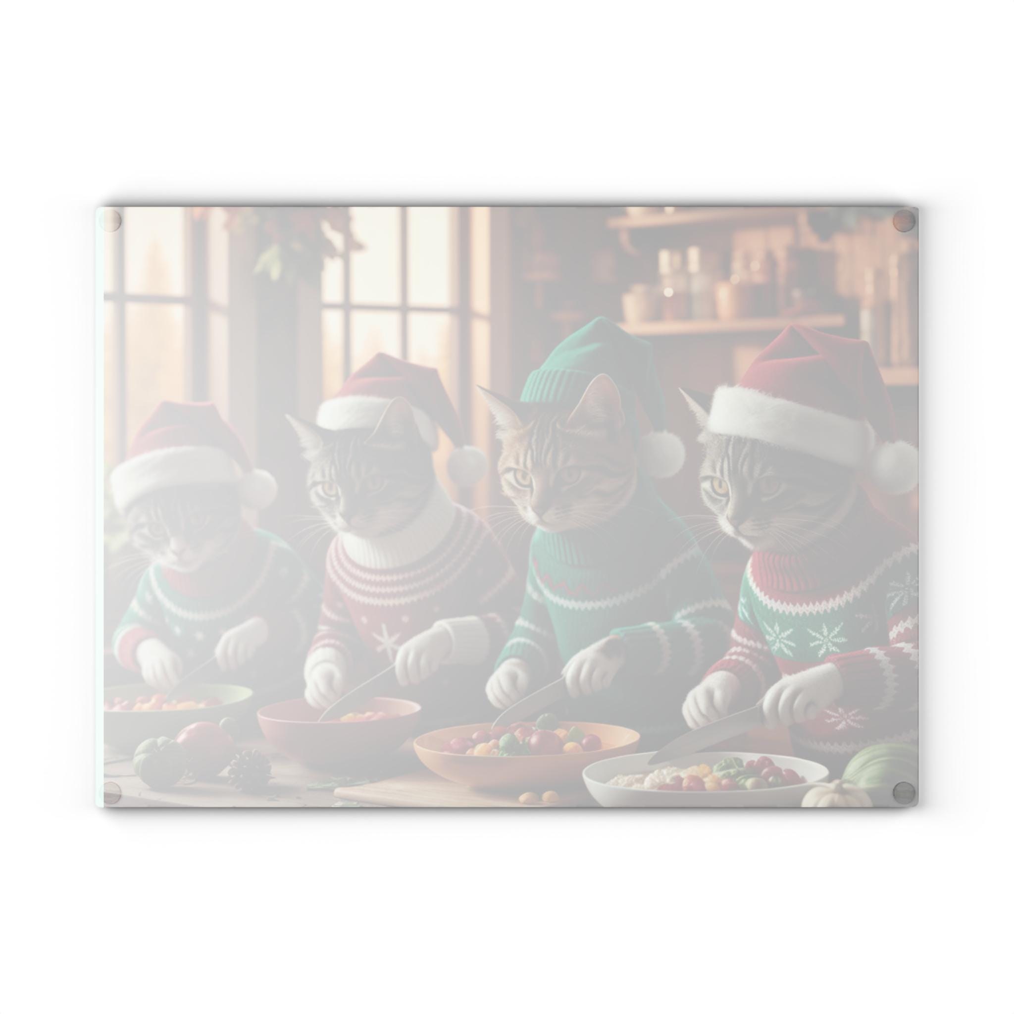 Cooking Christmas Cats Cutting Board: Tempered Glass Holiday Kitchen Decor, image 2