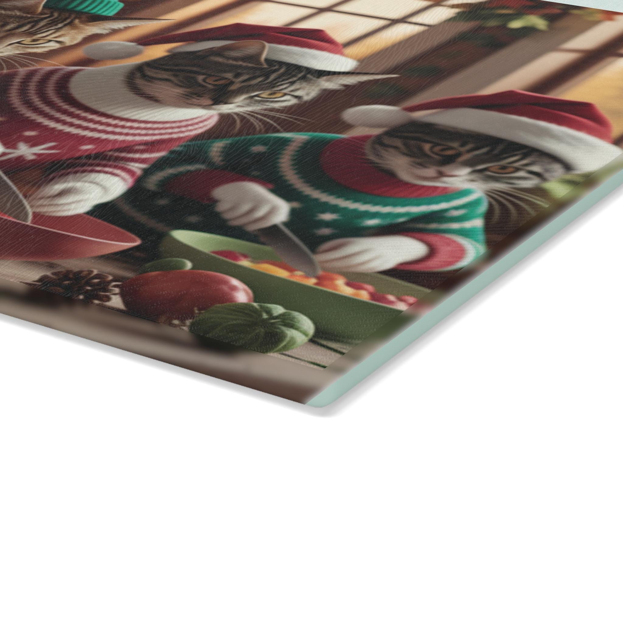 Cooking Christmas Cats Cutting Board: Tempered Glass Holiday Kitchen Decor, image 3